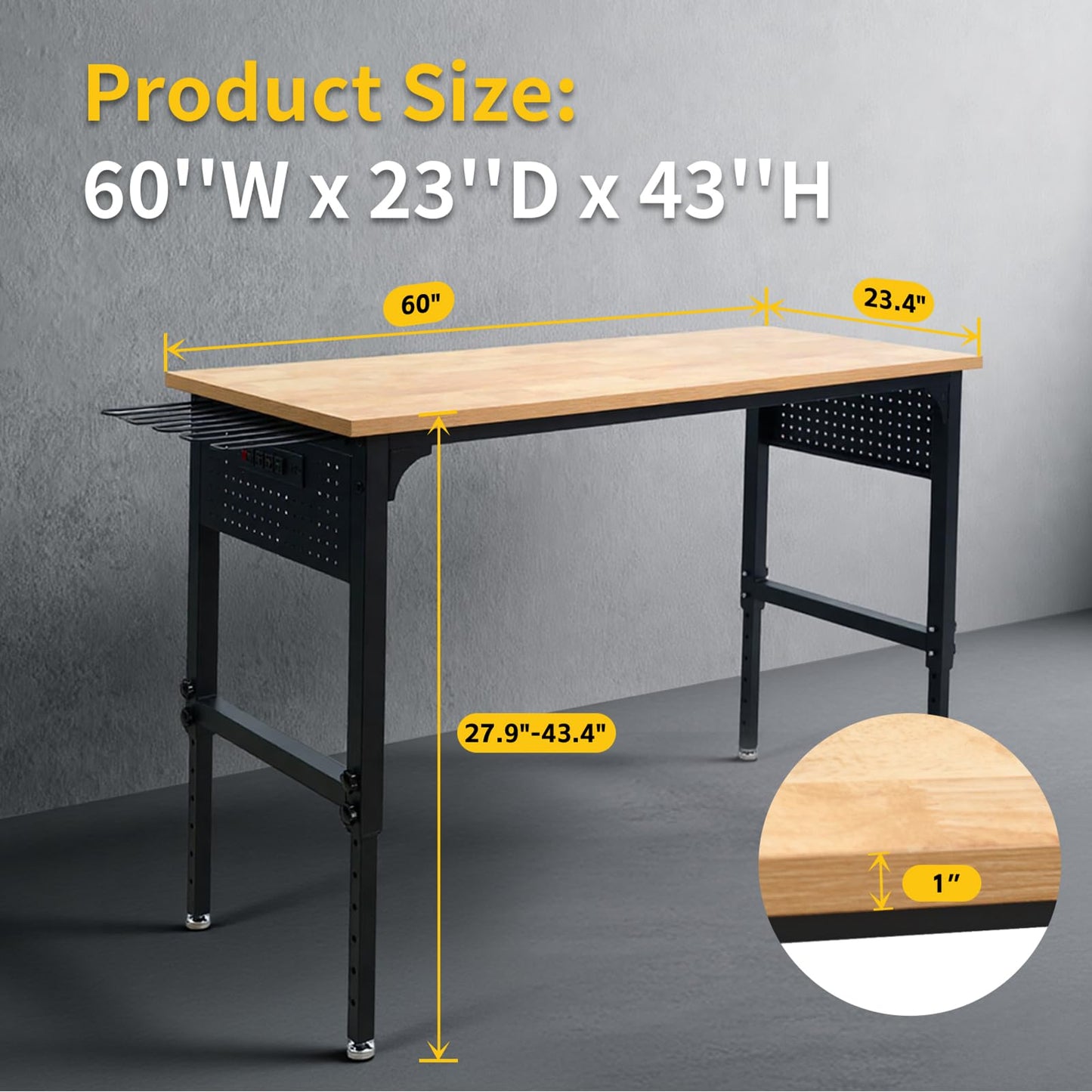60" Heavy-Duty Garage Workbench, 2300LBS Capacity Work Table with Power Strip, Work Bench for Garage, Workshop, Office, Warehouse & Home