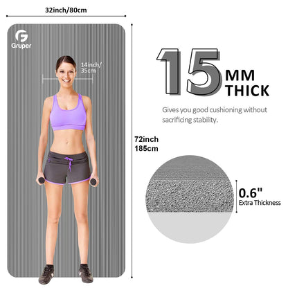 Yoga Mat Non Slip NBR Thick Yoga Mat, 72"L x 32"/24"W x 0.6"/0.4"TH (185cm x 80cm/61cm x 15mm/10mm), Anti-Tear Exercise Mat with Carrying Strap and Bag, Workout Mats for Yoga, Pilates, Floor Exercises