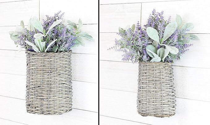 AuldHome Design Wall Hanging Baskets; Woven Wicker Rustic Farmhouse Gray Washed