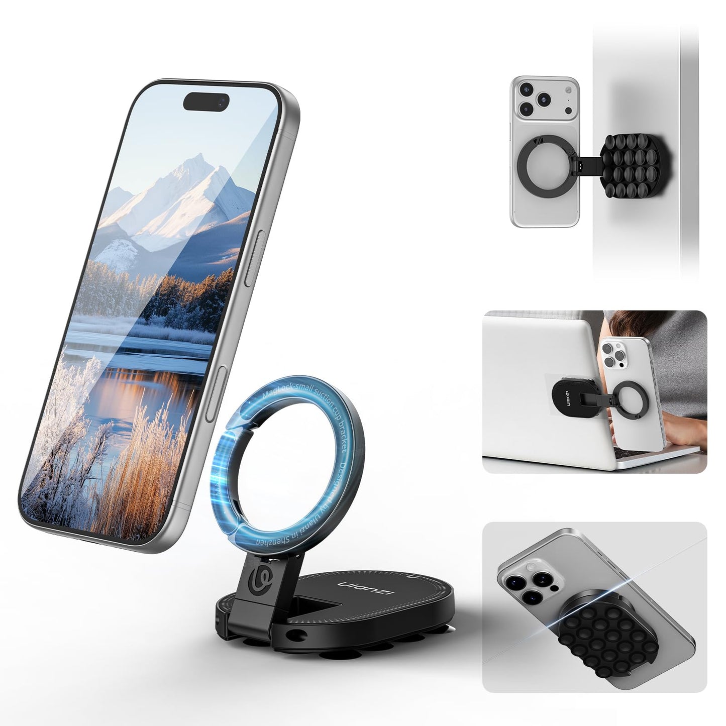 ULANZI MA39 3-in-1 Suction Magnetic Phone Holder for MagSafe, 360° Rotatable Phone Tripod Mount with Carabiner Clip, Compatible with for iPhone 17-12, Ideal for Car Dashboard, Gym, Kitchen, Office