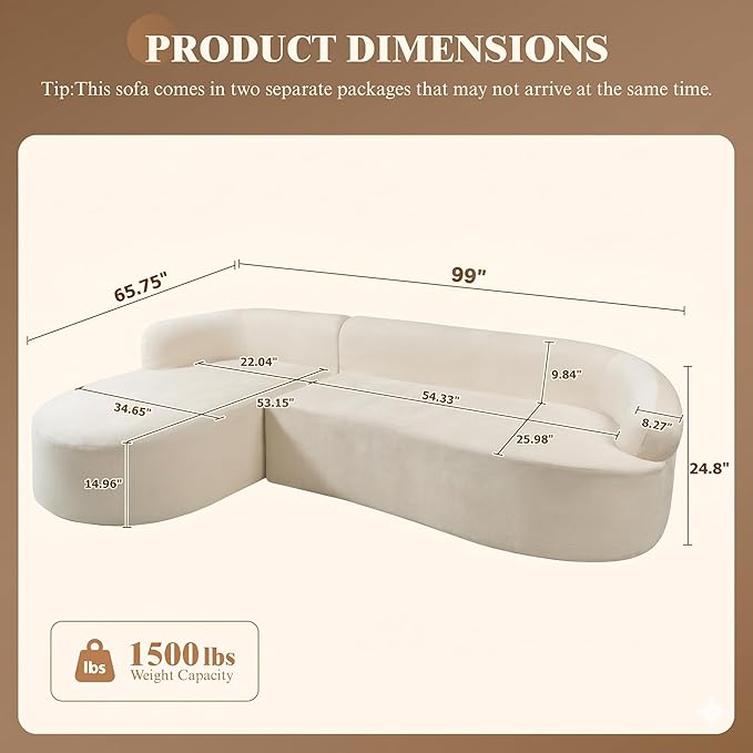 99" Curved Sectional Sofa with Chaise, Modern Boneless Couch with Deep Seat