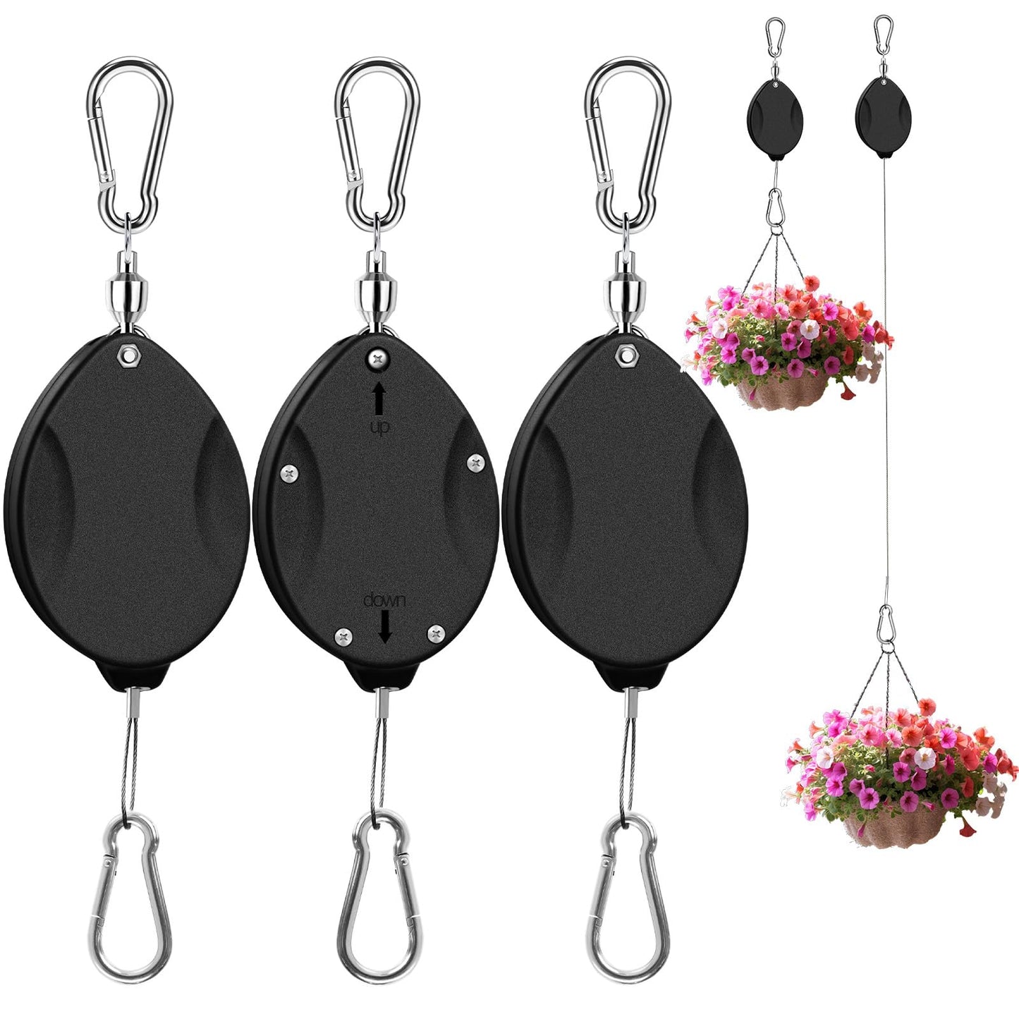 ZUZUAN 2025Upgraded 3Pcs Heavy Duty Retractable Plant Hanger,Plant Pulleys for Hanging Plants,Easy to Raise & Lower,Auto Lock,Adjustable Hook for Garden Baskets Pots,Birds Feeder and Grow Lights,Black