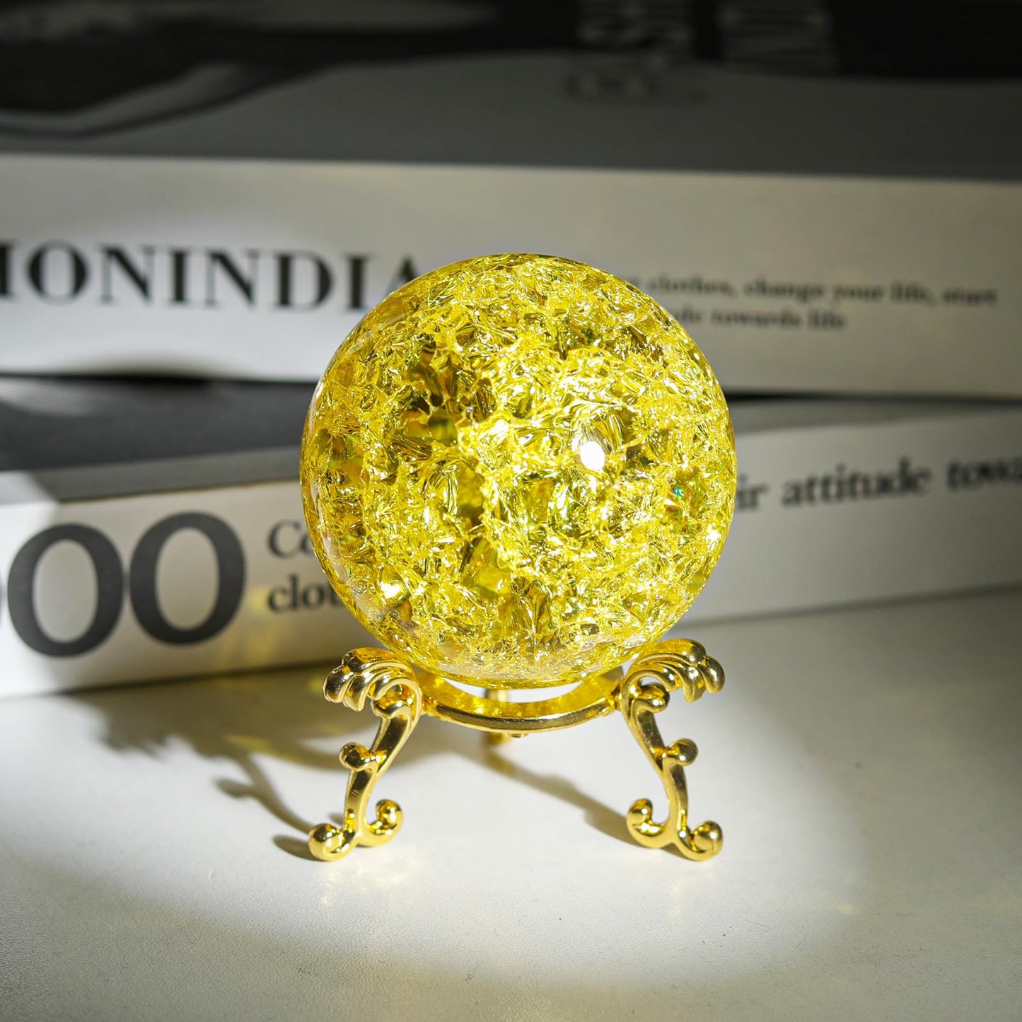 LONGWIN 50mm Ice Cracked Crystal Ball Decorative Glass Ball Home Decor Ornaments (Yellow)