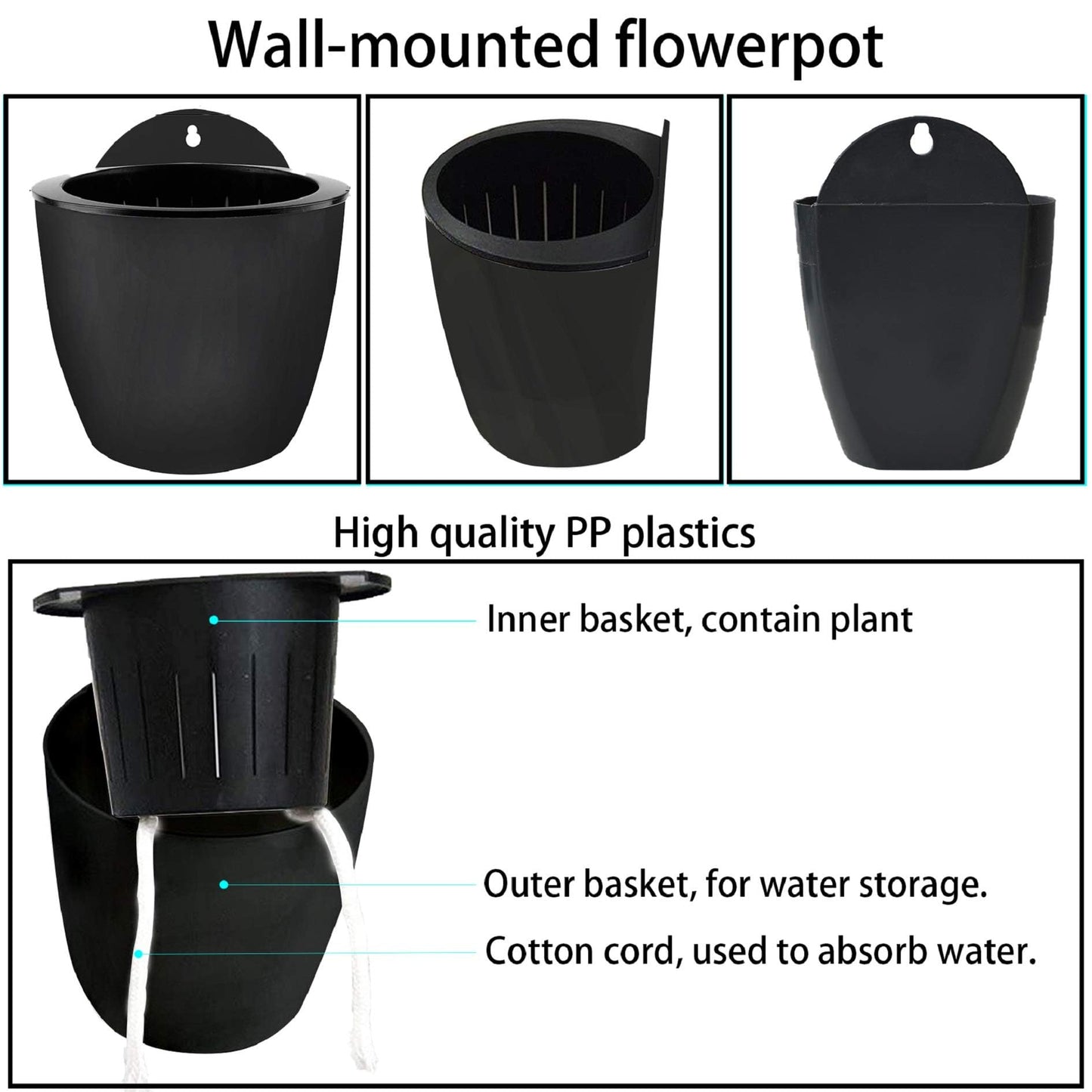 elfinrm 7Pack Self-Watering Plant Flower Pot Wall Hanging Plastic Planters Size 7 inch with 7 Hooks Replacement for Plants Flowers Indoor Outdoors