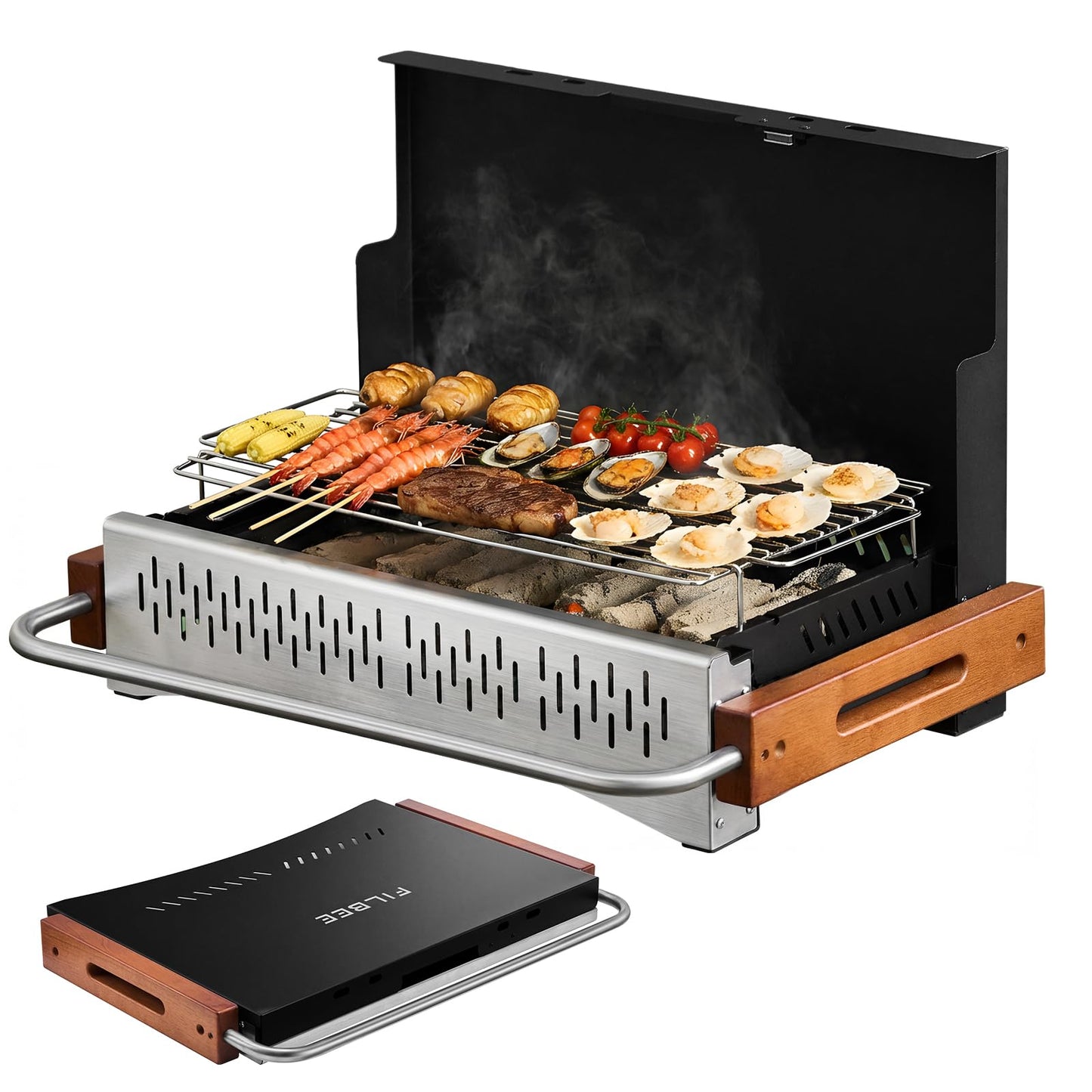 Portable Charcoal Grill and Pots & Pans Cookware Bundle - Compact Outdoor Cooking Set for Camping, Picnics, and Tailgating