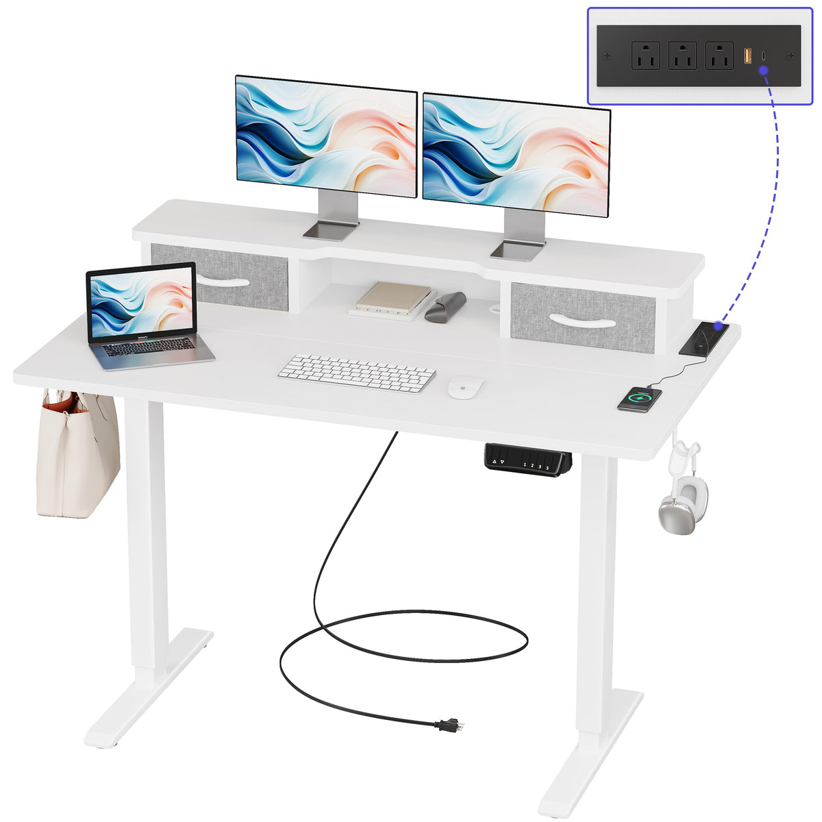 JOISCOPE 48 Inch Electric Standing Adjustable Height Desk with USB & Type-C Outlet, Home Office Computer Gaming Desk with Display Riser and Double Drawer, Sit Stand Desk, White
