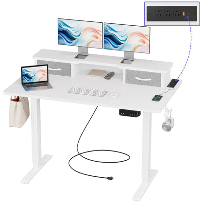 JOISCOPE 48 Inch Electric Standing Adjustable Height Desk with USB & Type-C Outlet, Home Office Computer Gaming Desk with Display Riser and Double Drawer, Sit Stand Desk, White