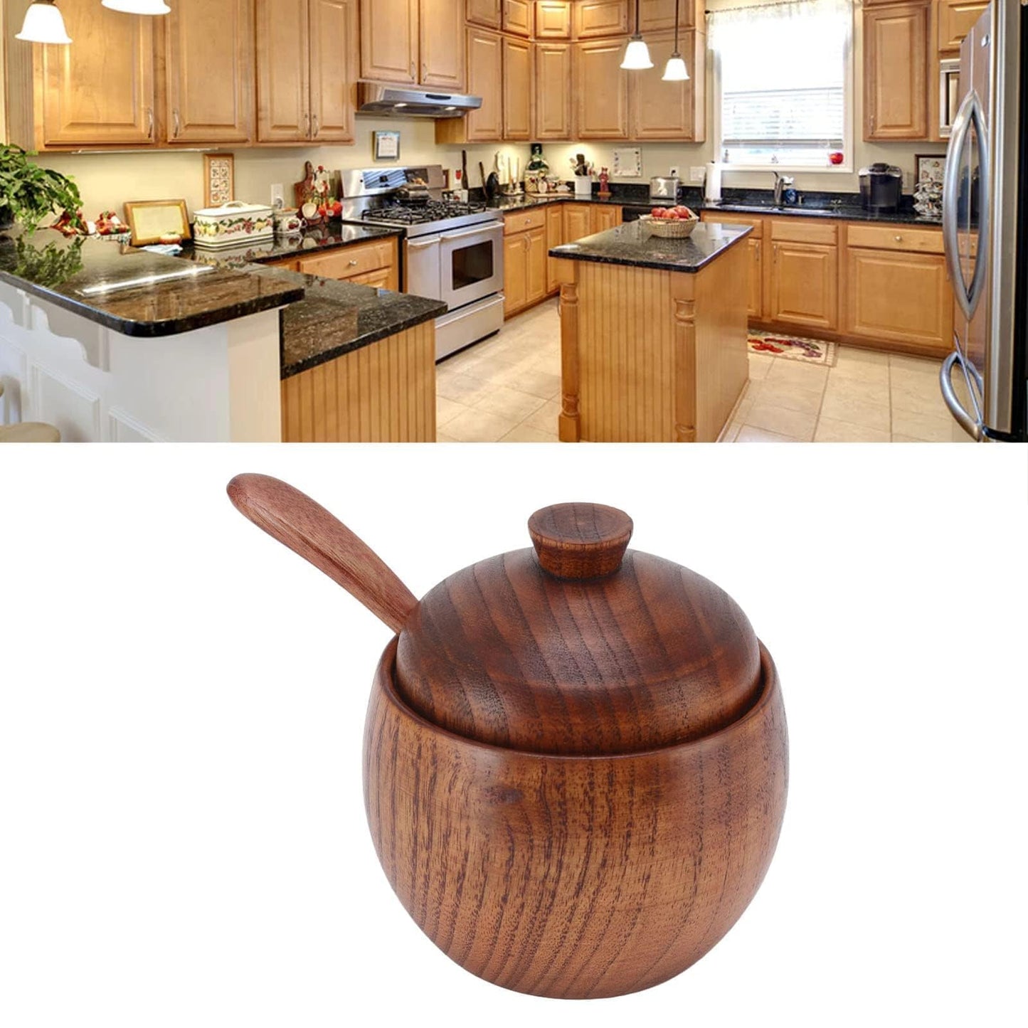 Wooden Salt Box with Lid Spoon, Sugar Bowl Seasoning Container Holder Salt Spice Jar Box Salt Keeper, Pepper, Tea Container for Kitchen Countertop Restaurant