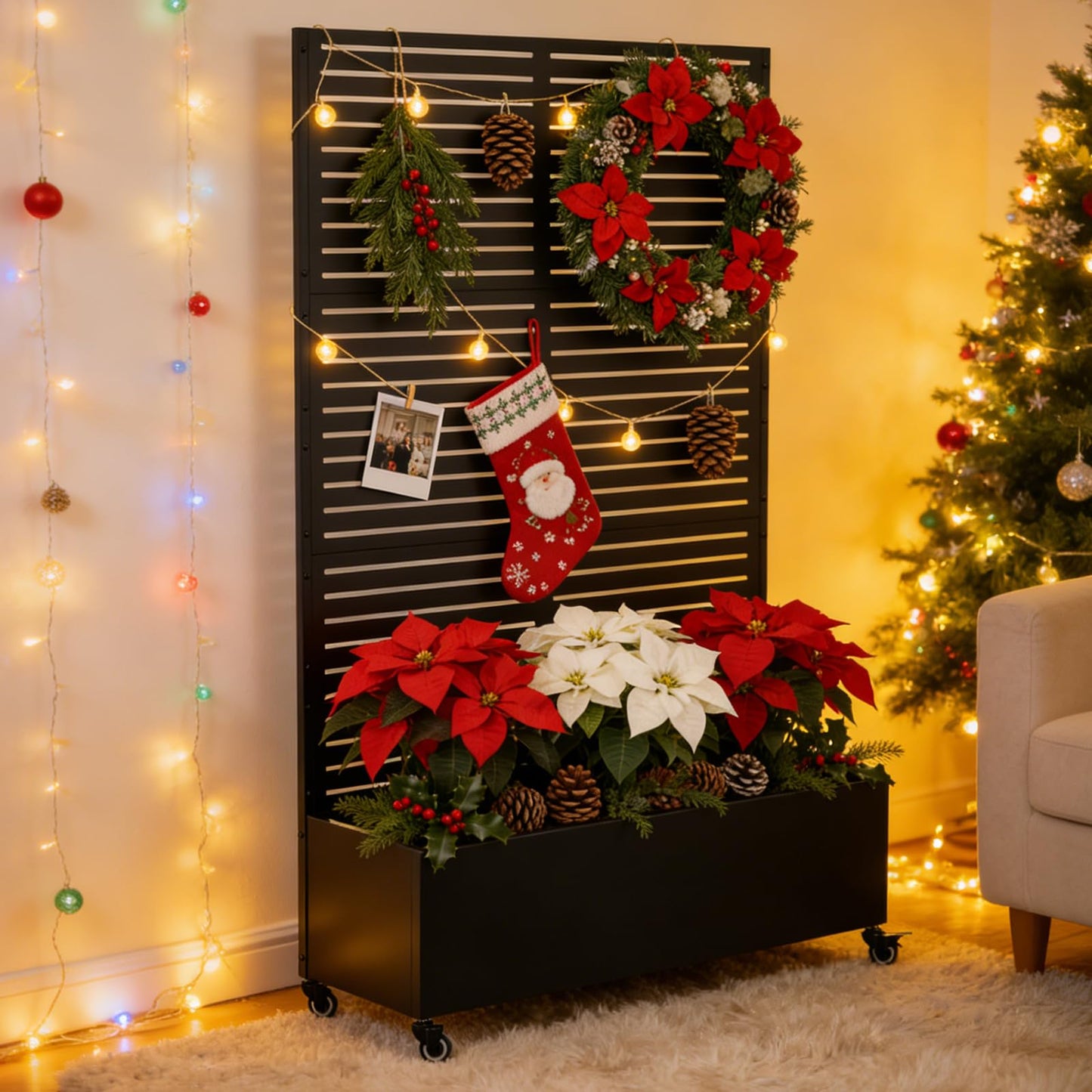 Baotree Metal Raised Garden Planter Bed, 72"x47"x16" Outdoor Planter Box with Trellis and Wheels for Climbing Plants, Vegetables & Vines, Features Drainage Holes and Privacy Screen (Black-Louvered)