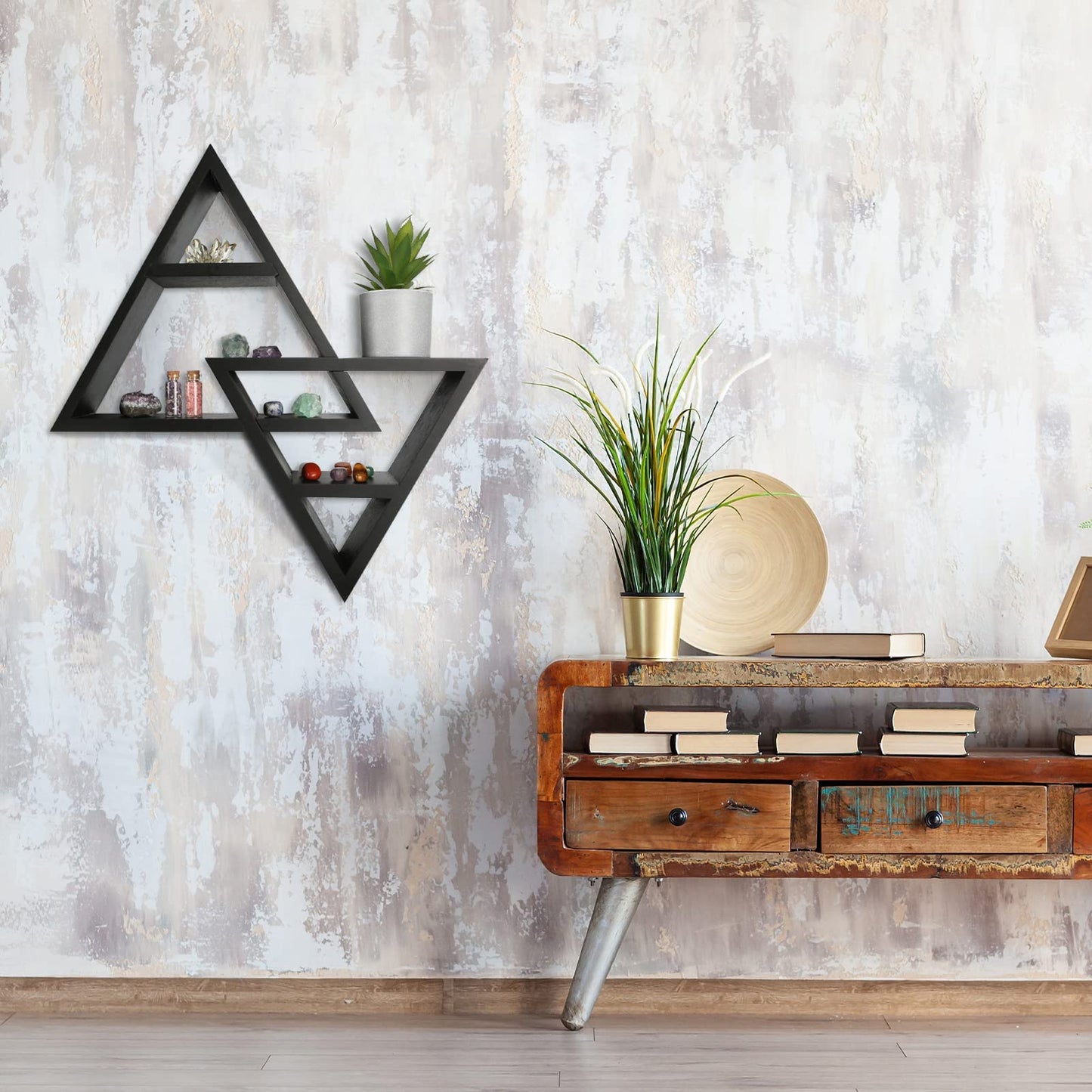 ANROYE Moon Phases Triangle Shelf with Hooks, Wiccan Black Wood Crystal Shelves for Storage Women Jewelry Gem Stone, Pagan Pyramid Geometrical Decor Holder Display for Altar Meditation