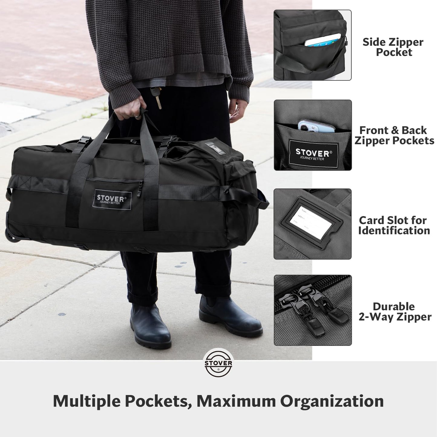 STOVER 45/80/100L Rolling Duffel Bag with Wheels, X-Large Durable Travel Duffle + Toiletry Bag, Heavy Duty, Packable with Shoulder Straps- Use as Luggage or Backpack, Men/Women (Black)