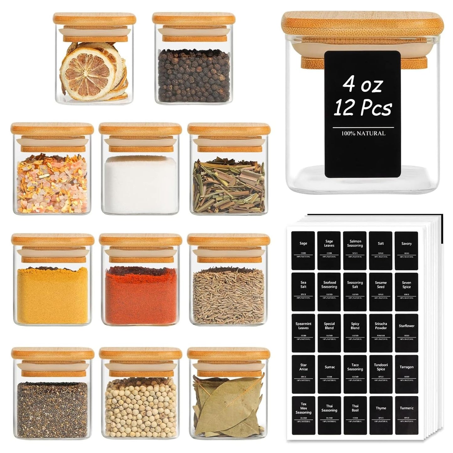 ComSaf 16Pcs Glass Spice Jars with Bamboo Lid, 4oz Airtight Square Spice Containers with 275 Black Lables, Empty Seasoning Jars for Spice Salt Sugar