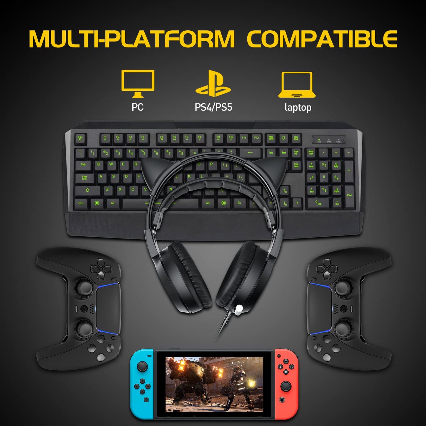 SOMIC G951black Gaming Headset for PC, PS4, Laptop: 7.1 Virtual Surround Sound Detachable Cat Ear Headphones LED, USB, Lightweight Self-Adjusting Over Ear Headphones Black