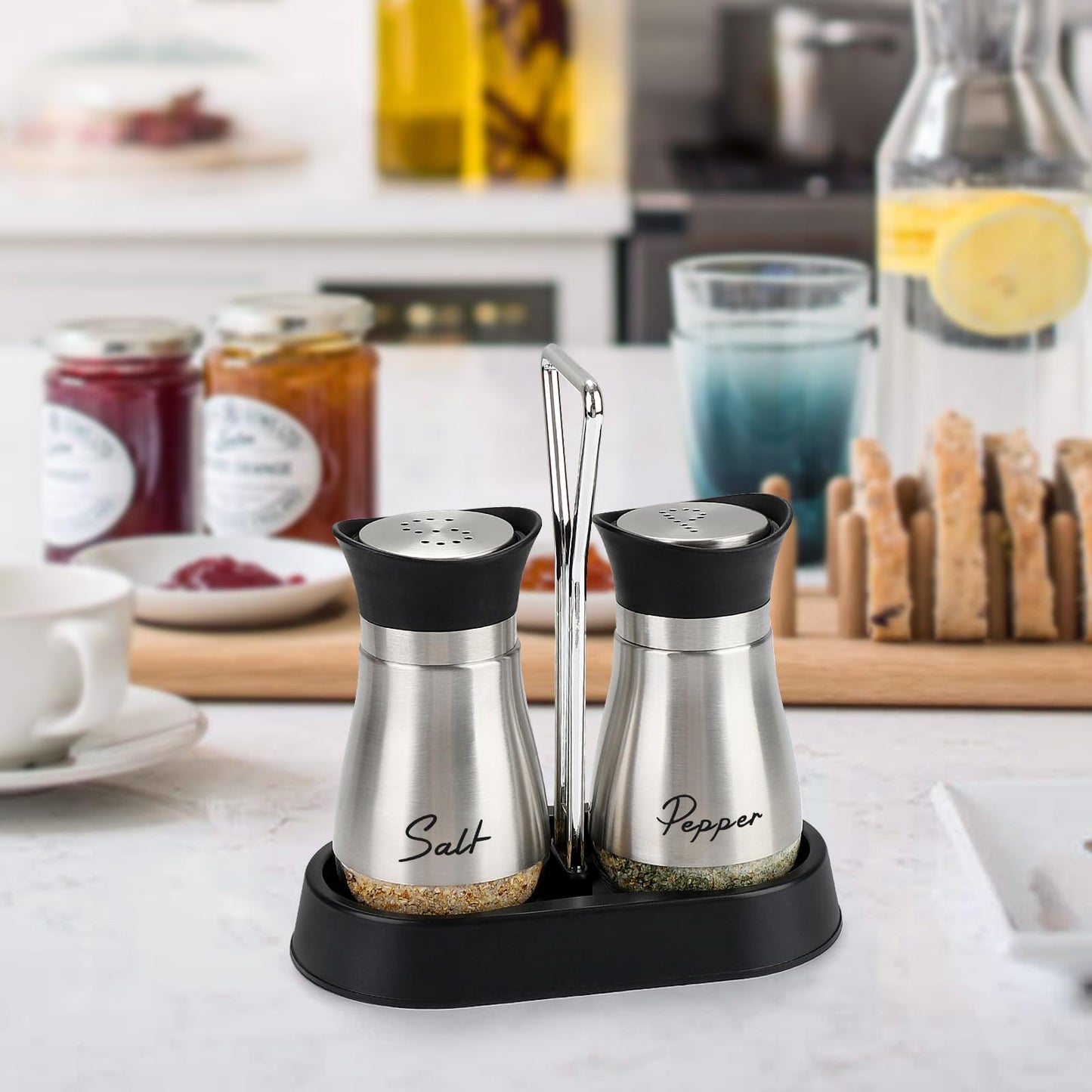 Accmor Salt and Pepper Shakers Set with Holder, 4 oz Stainless Steel Salt Pepper Shaker Containers with Glass Bottom for Kitchen Cooking, BBQ, Bar, Table, RV, Camp