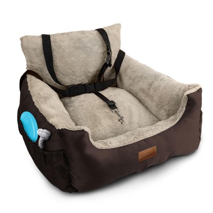 Furdreams Dog Car Seat (Brown/Beige - 20kg), Plush & Cosy Pet Car Booster Seat for Small Dogs & Cats with Storage Pocket, Car Dog Bed with Safety Leash, Waterproof Liner & Non-Slip Base,Dog Travel Bed