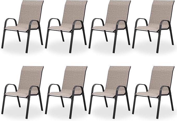 Patio Dining Chairs Set of 8, Outdoor High Stacking Chairs，Breathable Seat Fabric and Alloy Steel Frame for Backyard, Porch, Garden, Sunroom (Light Brown)