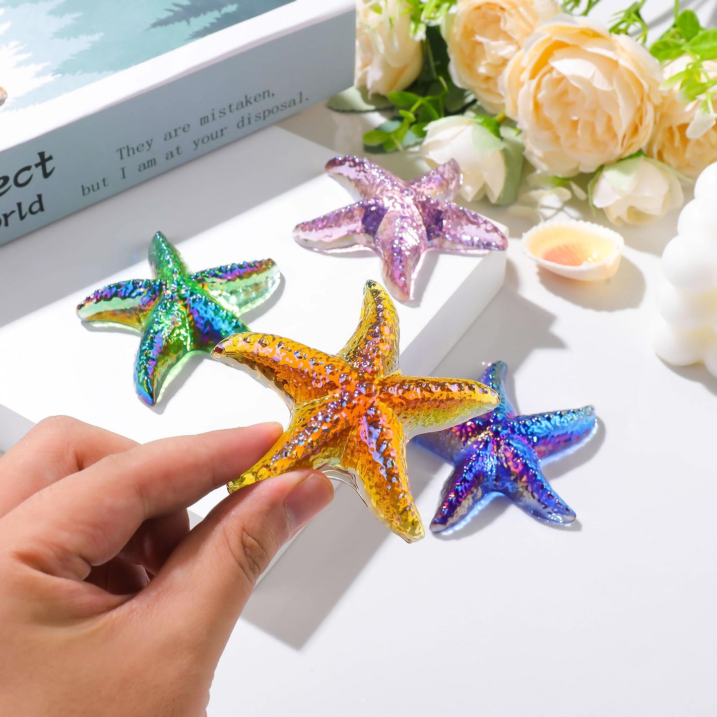 Movdyka 4pcs Starfish Crystal Figurine Desk Decor Handmade Blown Glass