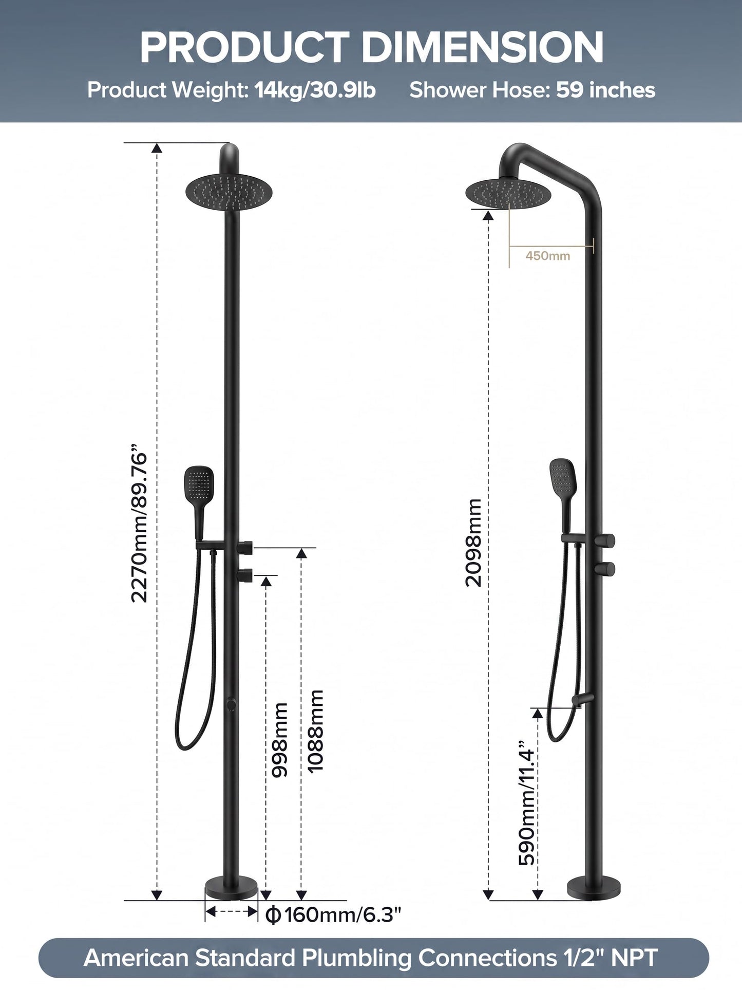 WCQQ 316 Stainless Steel Outdoor Floor Shower with 3 Functions, Matte Black Freestanding 10" Headshower & Handheld Shower for Backyard Patio Relaxation/Easy Garden Clean