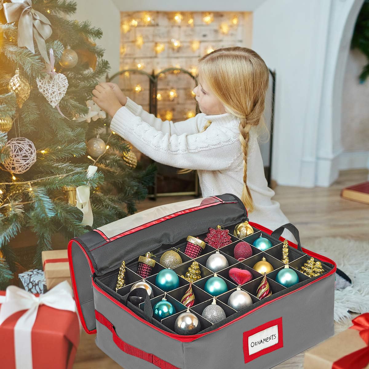 HOLDN’ STORAGE Christmas Ornament Storage Box with Dividers - Fits 96-3” Ornaments, 4 Removable Trays, Durable & Space-Saving, Clear Top Lid, Convenient Storage Designed, Grey