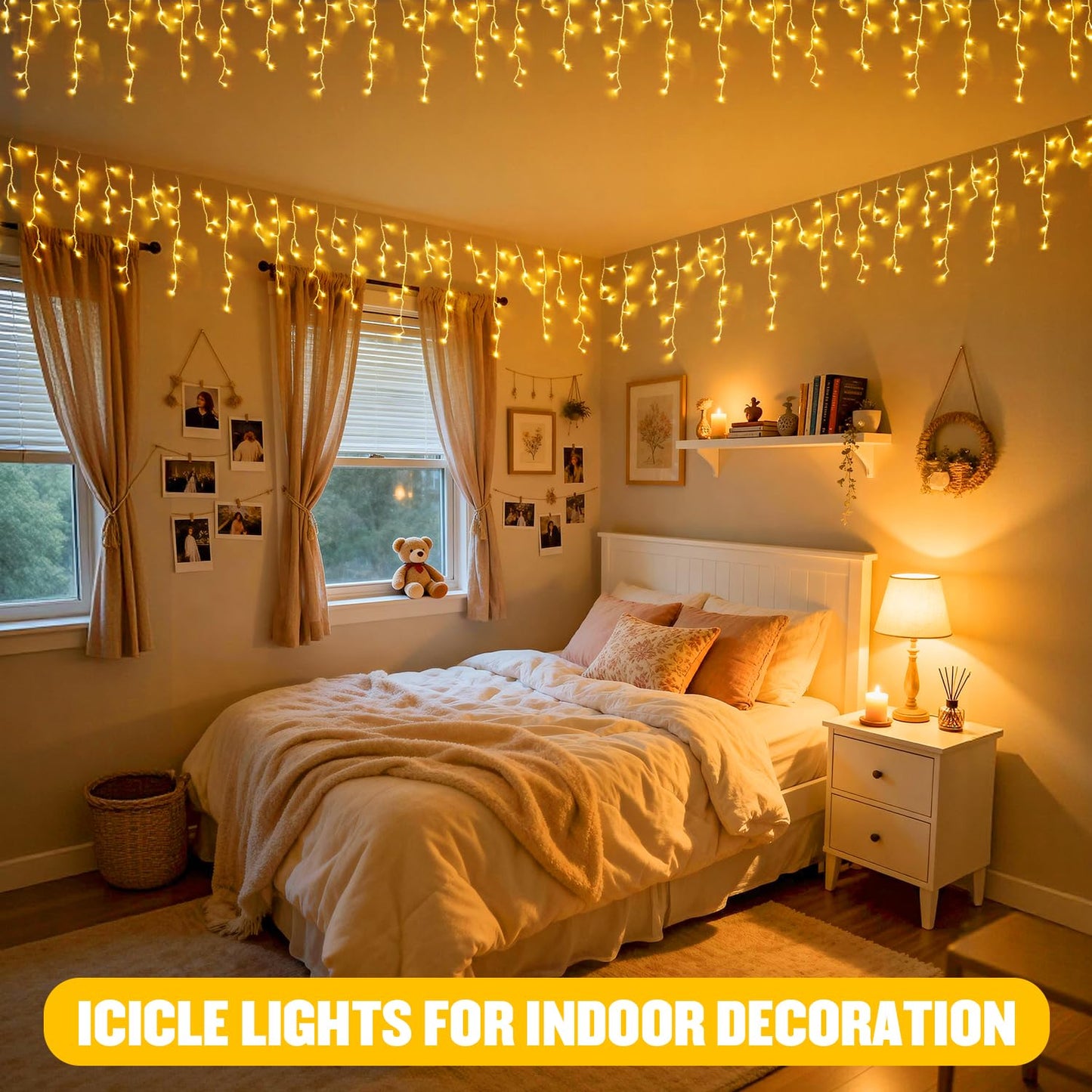 JMEXSUSS 38.8FT Icicle Lights for Outside, 400 LED Icicle Christmas Lights Outdoor Indoor Plug in, Warm White String Lights for Classroom Christmas House Patio Party Fireplace Holiday Decorations