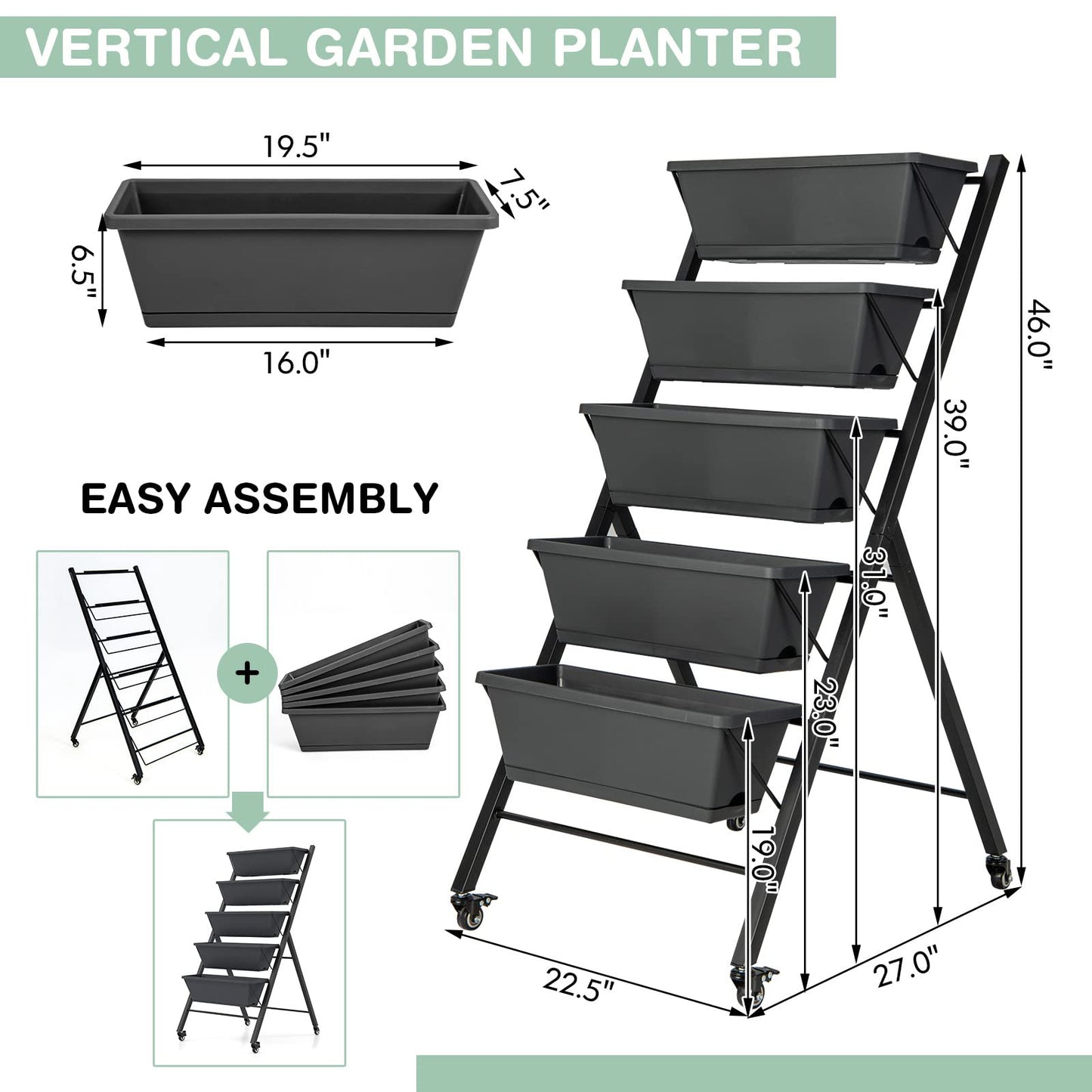 S AFSTAR 5-Tier Vertical Garden Planter, Raised Garden Bed with 2 Lockable Wheels, 7 Removable Planter Boxes, Metal Frame, Indoor Outdoor Elevated Planting Box for Flower Vegetables Fruit Herbs