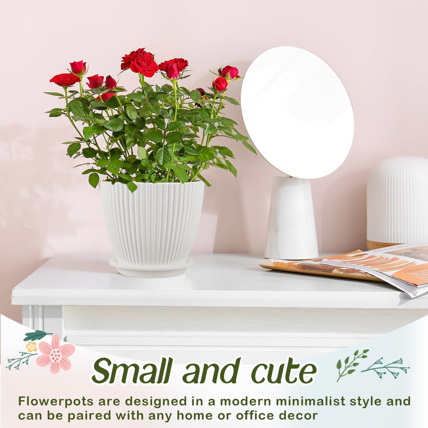 Suclain 10 Pack 6 Inch Plant Pots with Drainage Hole and Tray Saucer Plastic Flower Pots for Indoor Plants for Your Room, Office, Garden Decor(Vertical Stripe)