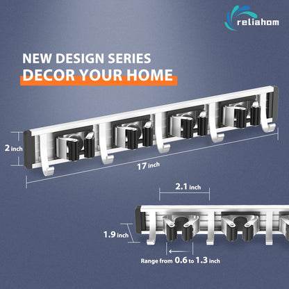 reliahom Broom Holder Wall Mount Mop and Broom Hanger Wall Mounted Garage Storage Rack Kitchen Garden Tool Organizer (4 Racks with 5 Hooks, Silver)