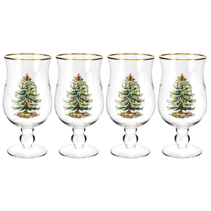 Spode Christmas Tree 17.5oz Tulip Glasses, Set of 4 - Gold-Rimmed Whimsical Holiday Glasses for Sparkling Wine & Champagne, Ideal for Holiday Brunches & New Year’s Celebrations