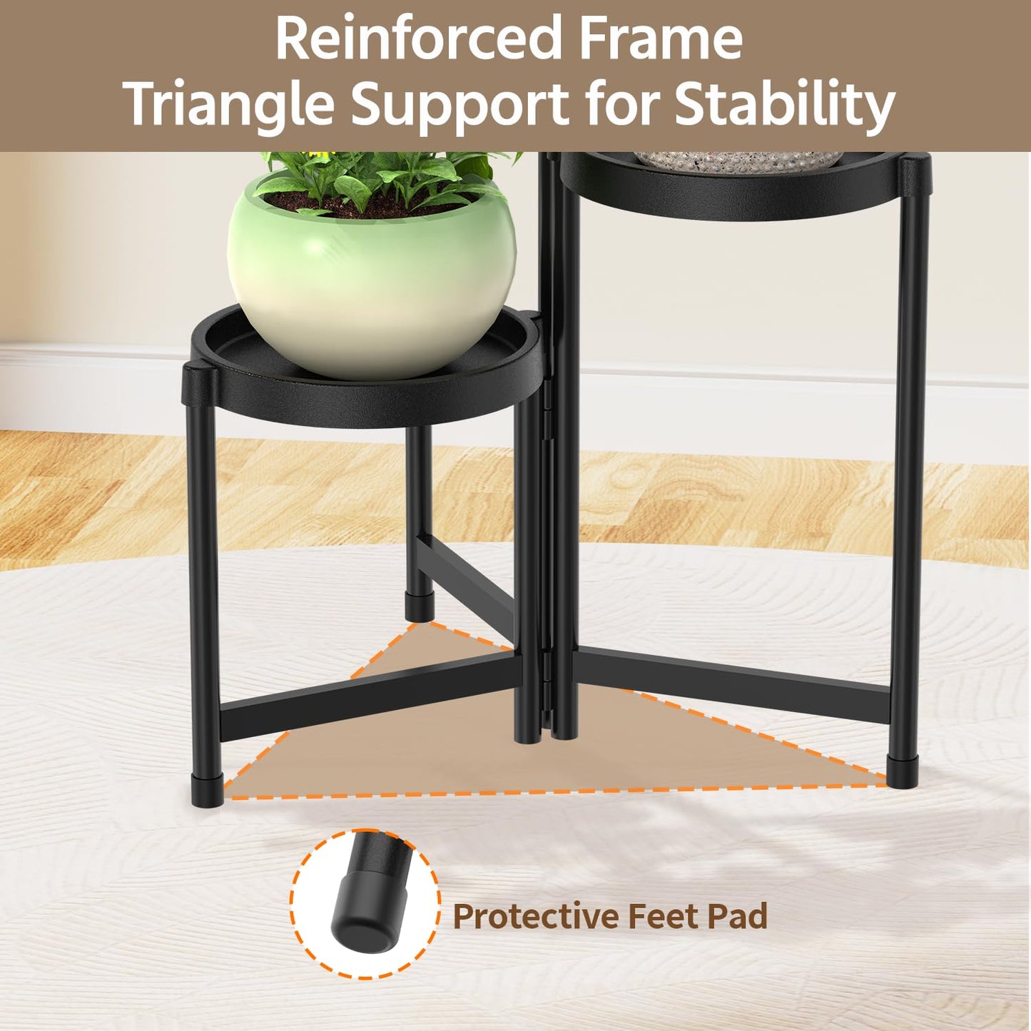 LASZOLA 3 Tiered Plant Stand Indoor Outdoor with Plastic Tray, Corner Folding Tall Flower Display Rack, Modern Plant Holder Shelf for Outdoor Patio Porch Garden Office Living Room, Black