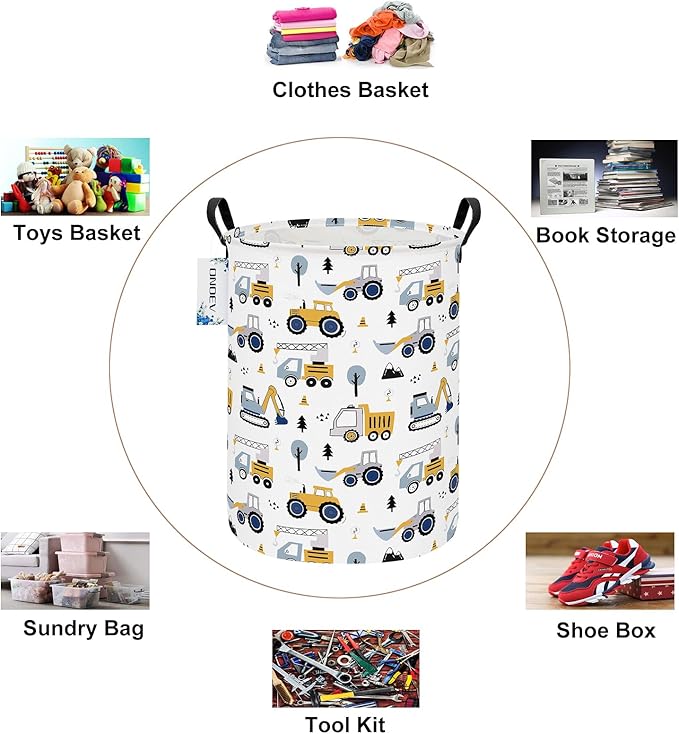 Round Foldable Laundry Hamper Kids Forest Vehicles Excavator Boys Gift Basket