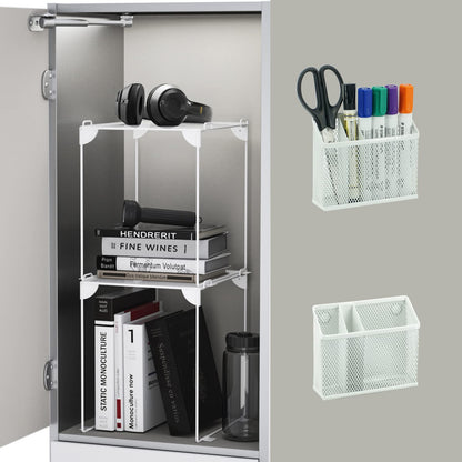 Neudeco Locker Organizer Kit, 4-Piece Set with Foldable Mesh Locker Shelf and Magnetic Pen Holders, Stackable Storage for School, Work & Gym Lockers, White