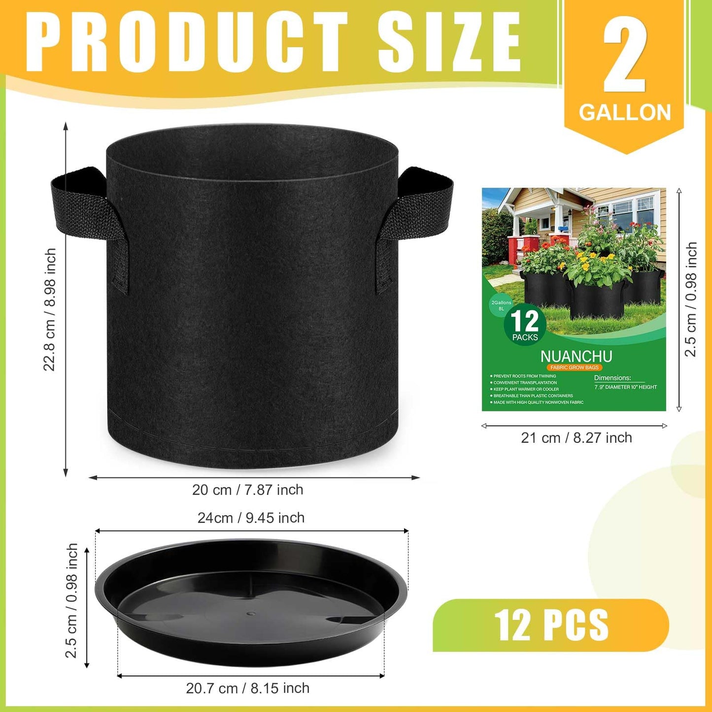 Funnymoom 12 Sets 2 Gallon Grow Bags with Plant Saucers, Durable Fabric Plant Pots with Handles, Aeration Drainage Planter Bags for Planter, Reusable Garden Bags Drip Trays Set for Indoor Outdoor