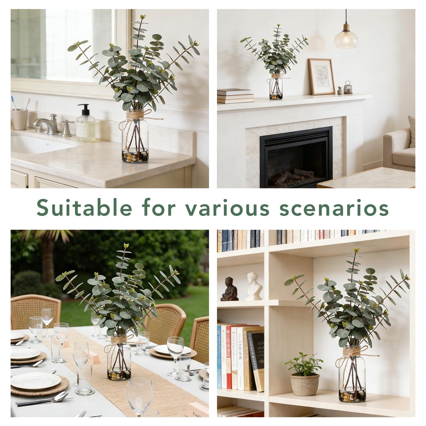 LILUYTO 15.74” Artificial Eucalyptus Stems in Glass Vase with Faux Water & Natural Stones, Lifelike Fake Greenery for Modern Farmhouse Home Decor, Bathroom Decor, Office Desk Centerpiece