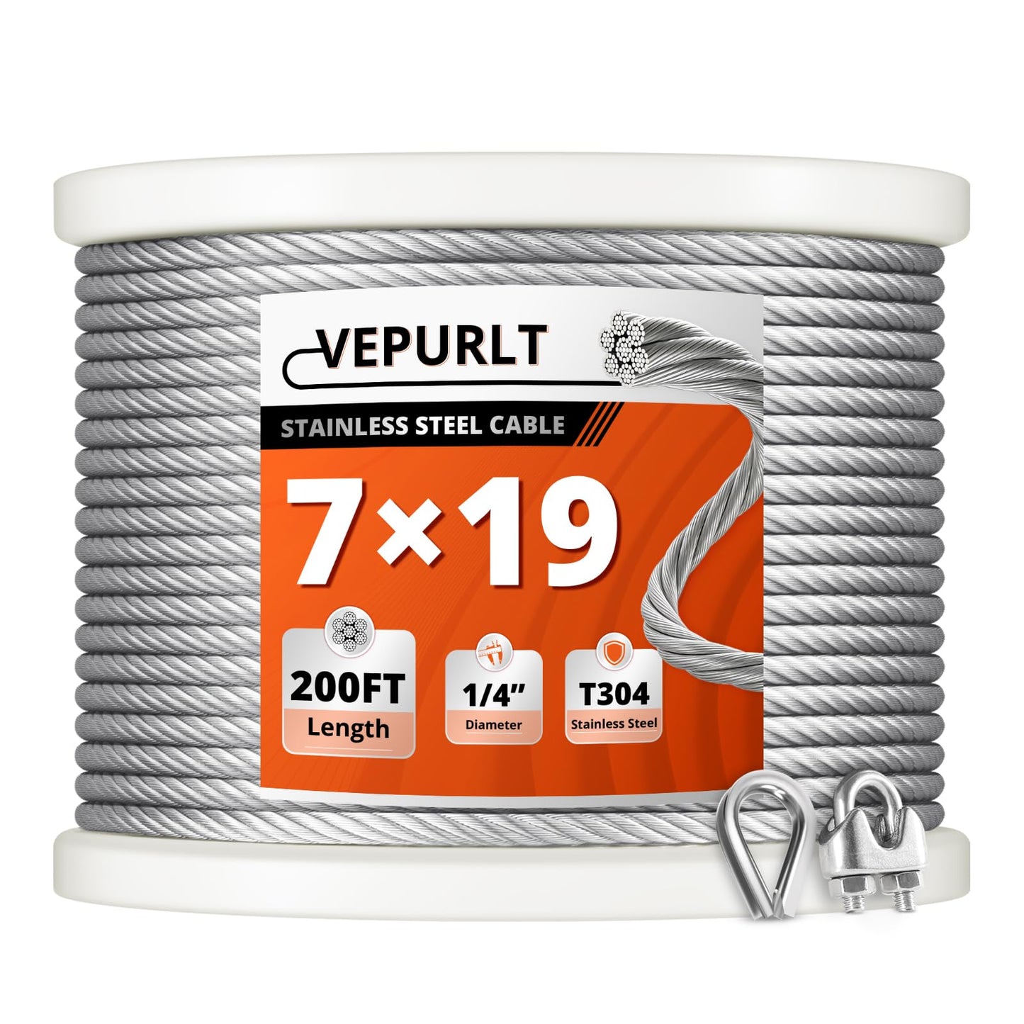 VEPURLT 200FT 1/4" Thickened Stainless Steel Cable Wire Rope, 7x19 Strand Aircraft Cable 6400lb Breaking Strength with Clamps & Thimbles for Zipline, String Light Hanging, Clothesline, DIY Projects