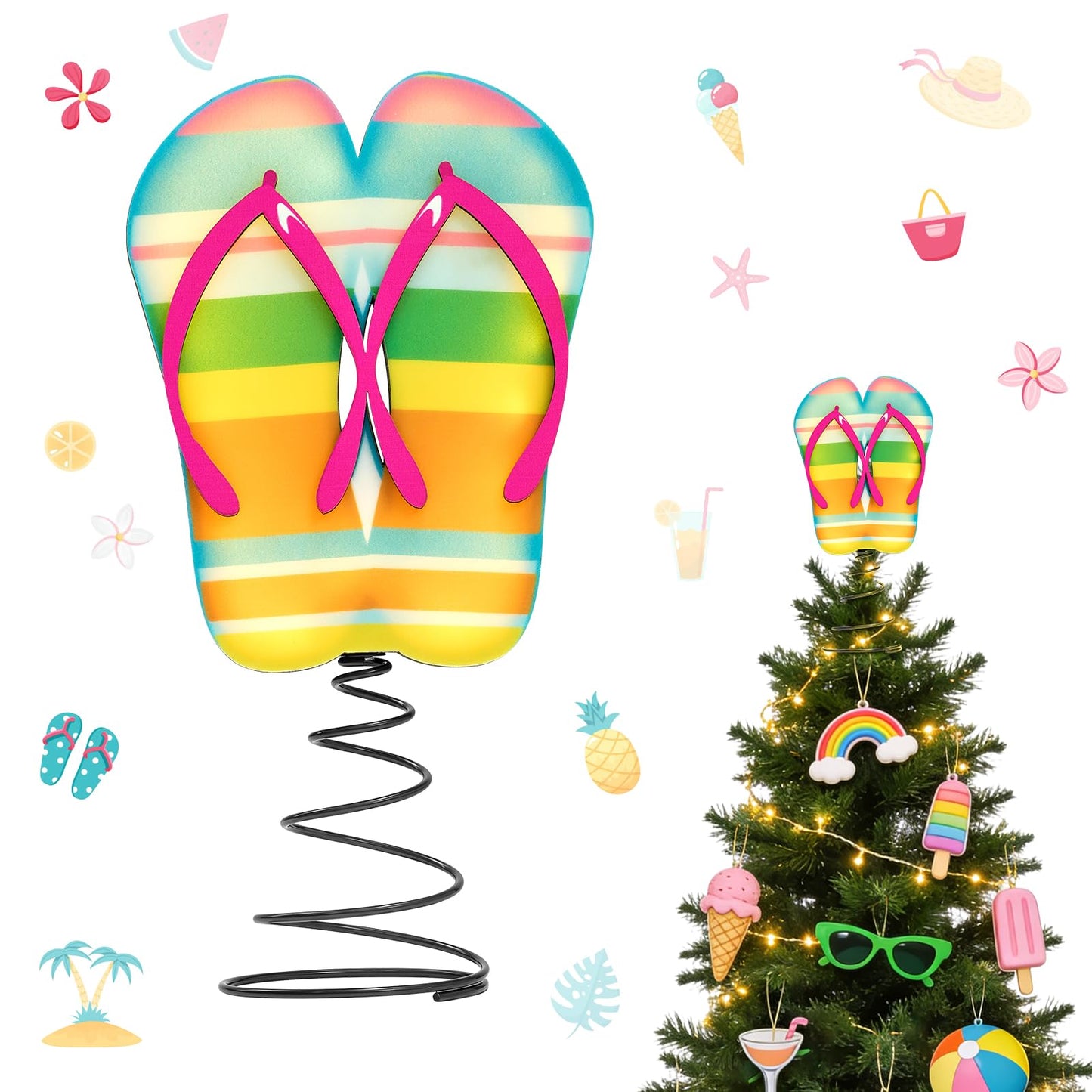 APUDWN 10 x 5.2 Inch Wood Summer Tree Topper with LED Lights, Flip Flop Tree Decorations for Christmas in July Luau Beach Theme Hawaiian Party Battery Powered Tropical Sandal Holiday Decor