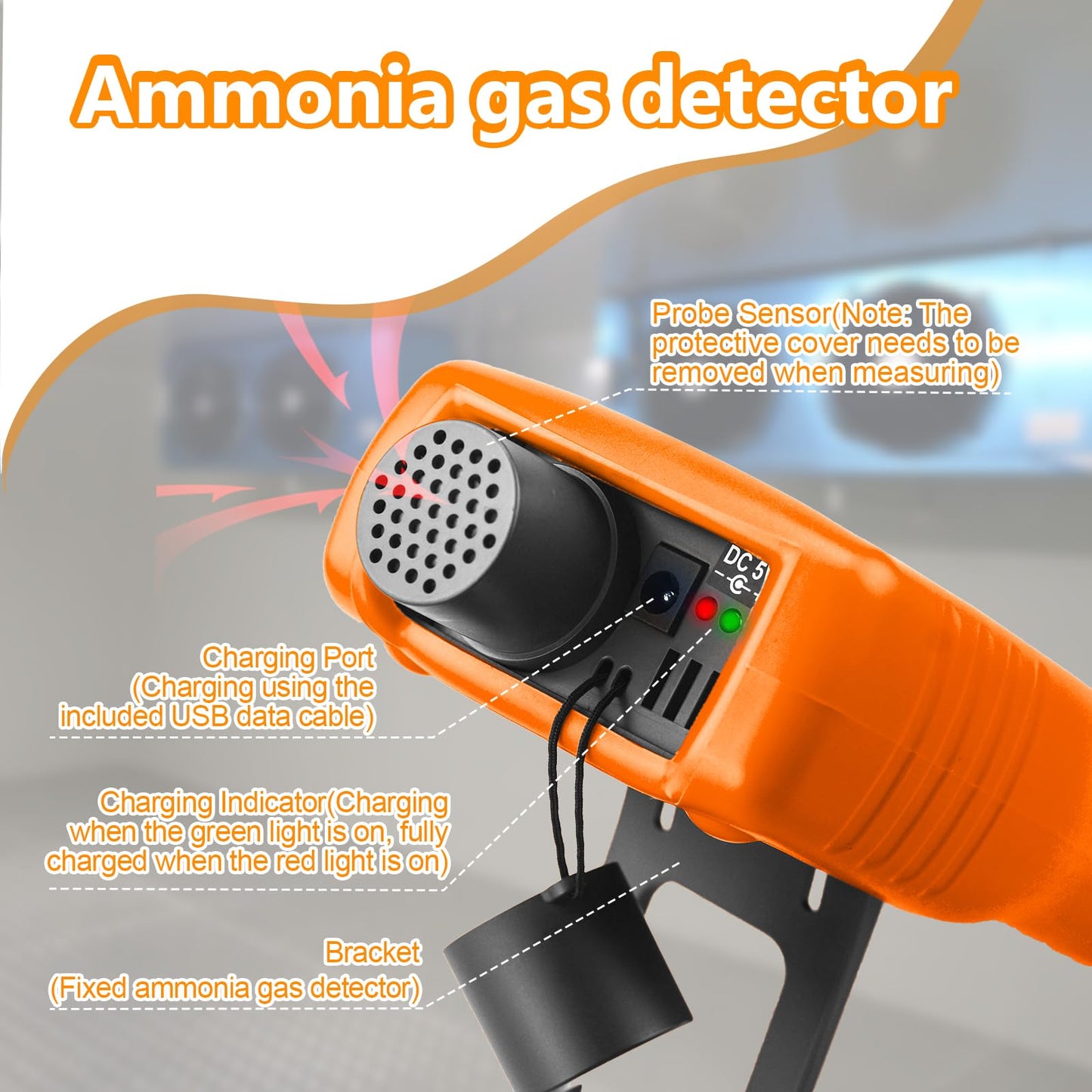 GOLDCHAMP Ammonia Gas Detector 0~100ppm NH3 Monitor with 0.1ppm Resolution, Temperature(℉/℃), Humidity, LCD Display, Double Alarm, Tripod Hole for Farm, Poultry, Pig & Livestock