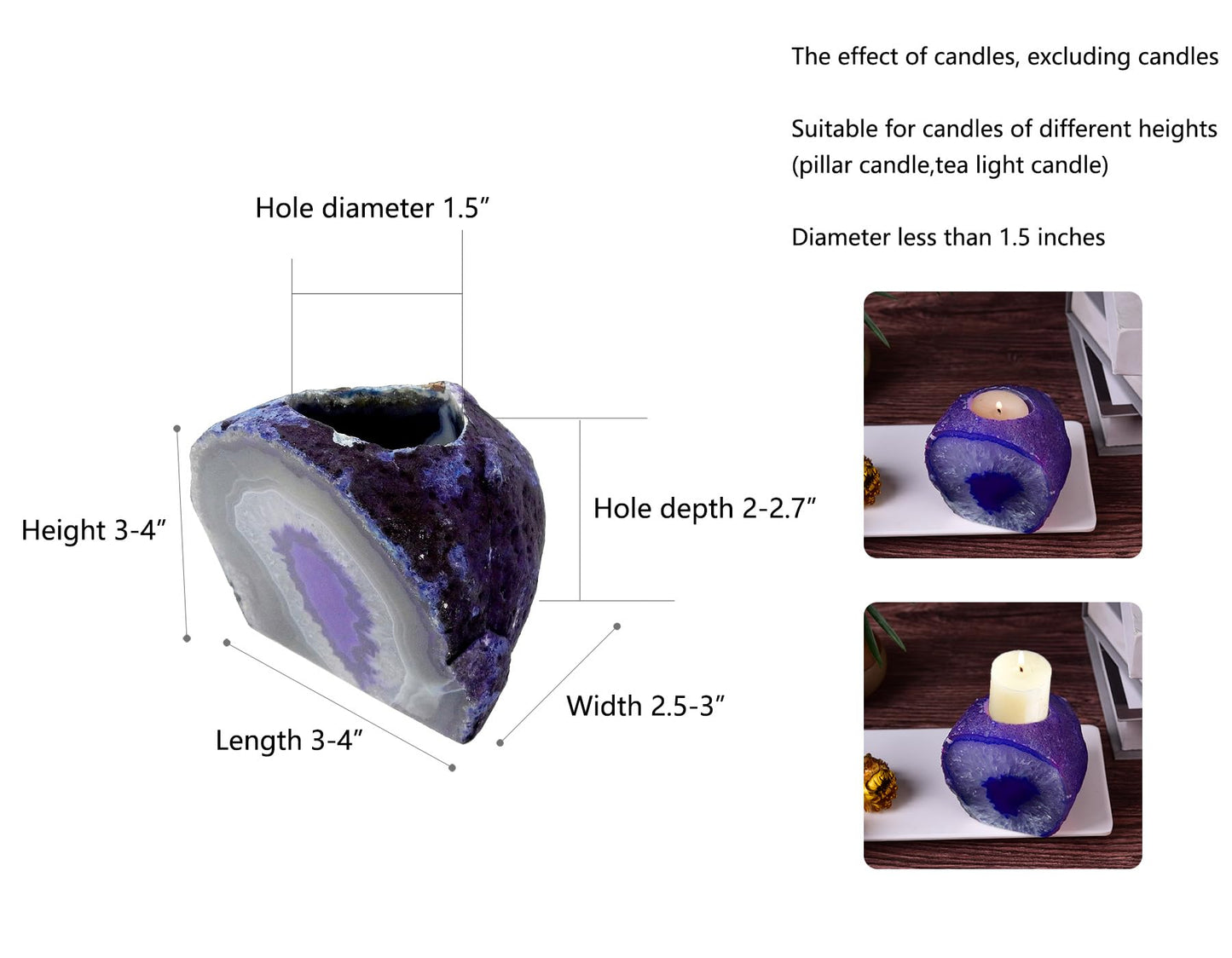 AMOYSTONE Natural Purple Agate Candle Holder 1.5-2lb, Raw Geode Base - Versatile Decor for Meditation, Yoga Studio & Home Mantel