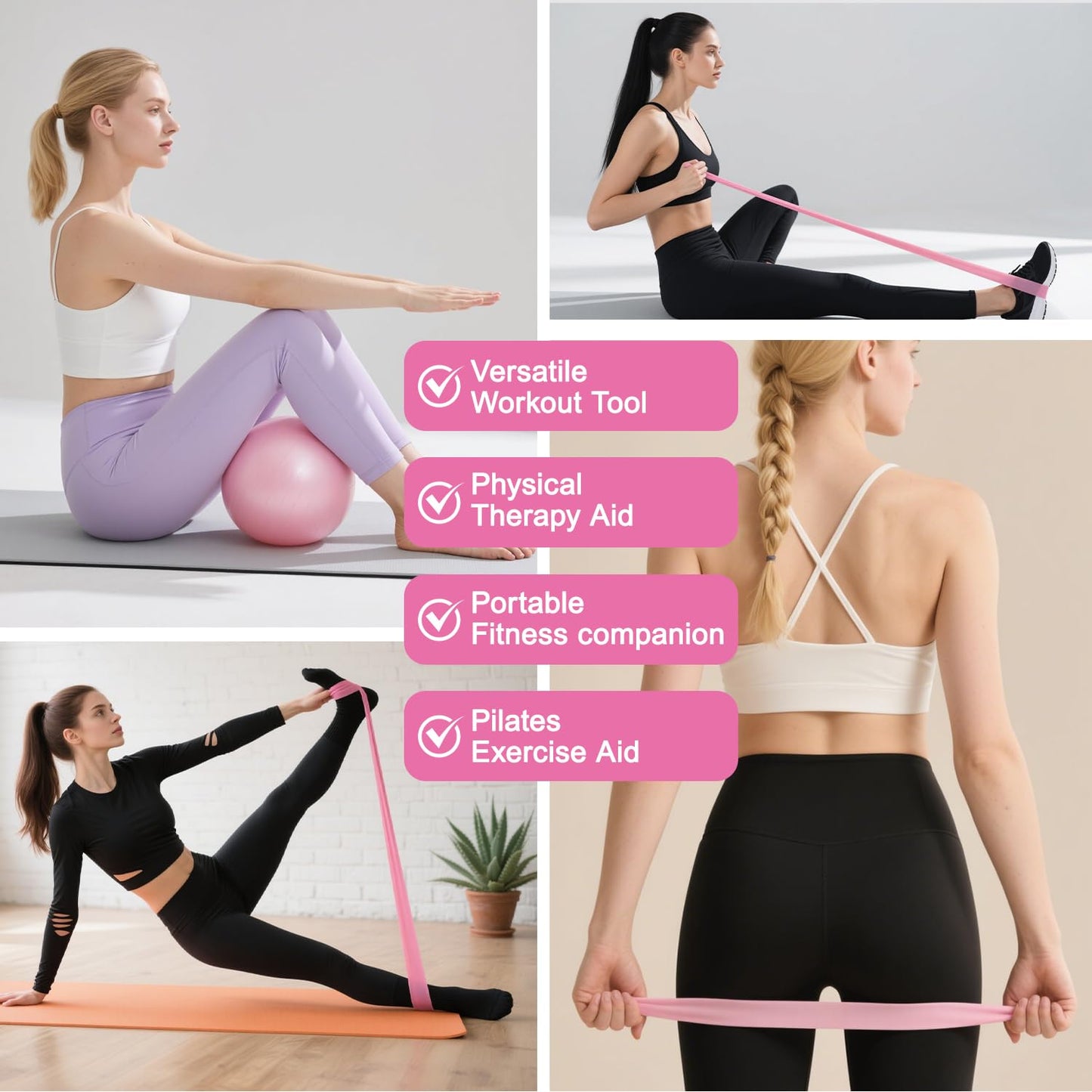 Pilates Kit for Home Workouts for Women-12-Piece Equipment Set with Ring,Yoga Ball,5 Resistance Bands,Figure-8 Band,Arm Stretcher,Grippy Socks,Storage Bag for Toning,Strength & Flexibility (Pink)