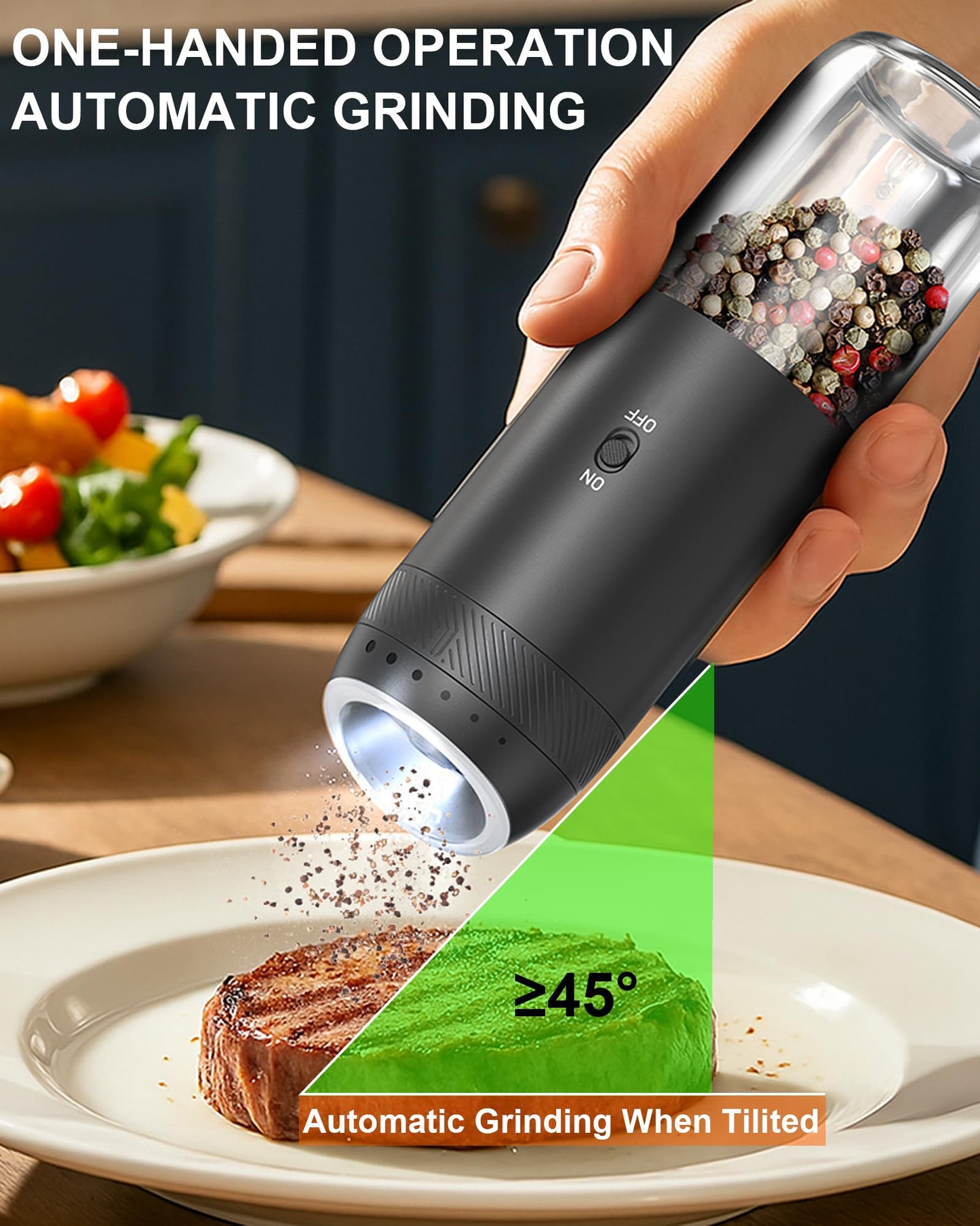 Soenglyun Gravity Salt and Pepper Grinder Set with Charging Base, Automatic Salt Grinder Electric with LED Light & 6 Adjustable Coarseness, One-Handed Operation and 176ml Capacity, Black