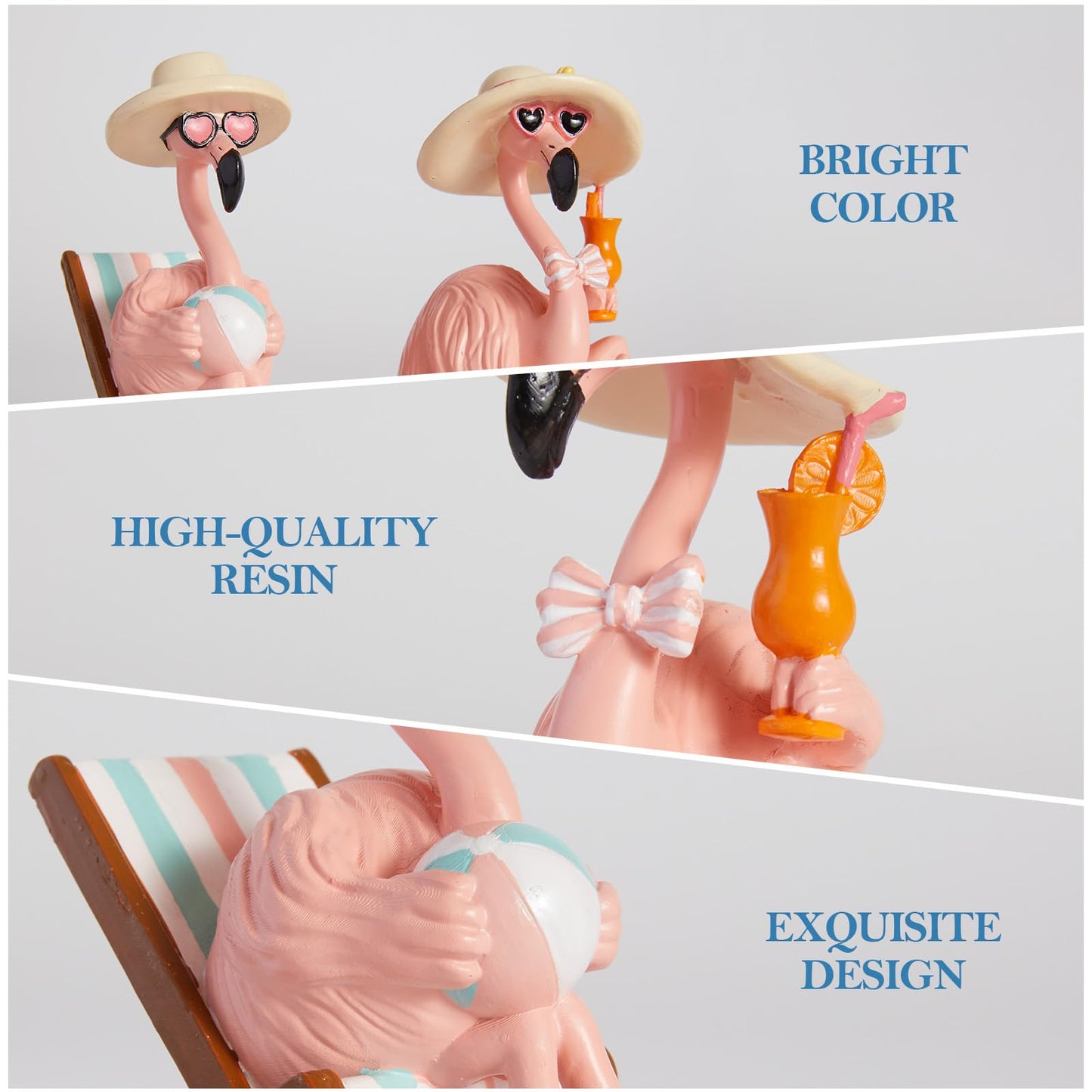 WDS WONDROUS Flamingo Figurines 2Pcs, Summer Beach Decor, Pink Resin Statues with Pool Float & Beach Chair, Tropical Vacation Tabletop Gifts for Women Desk Holiday Decoration