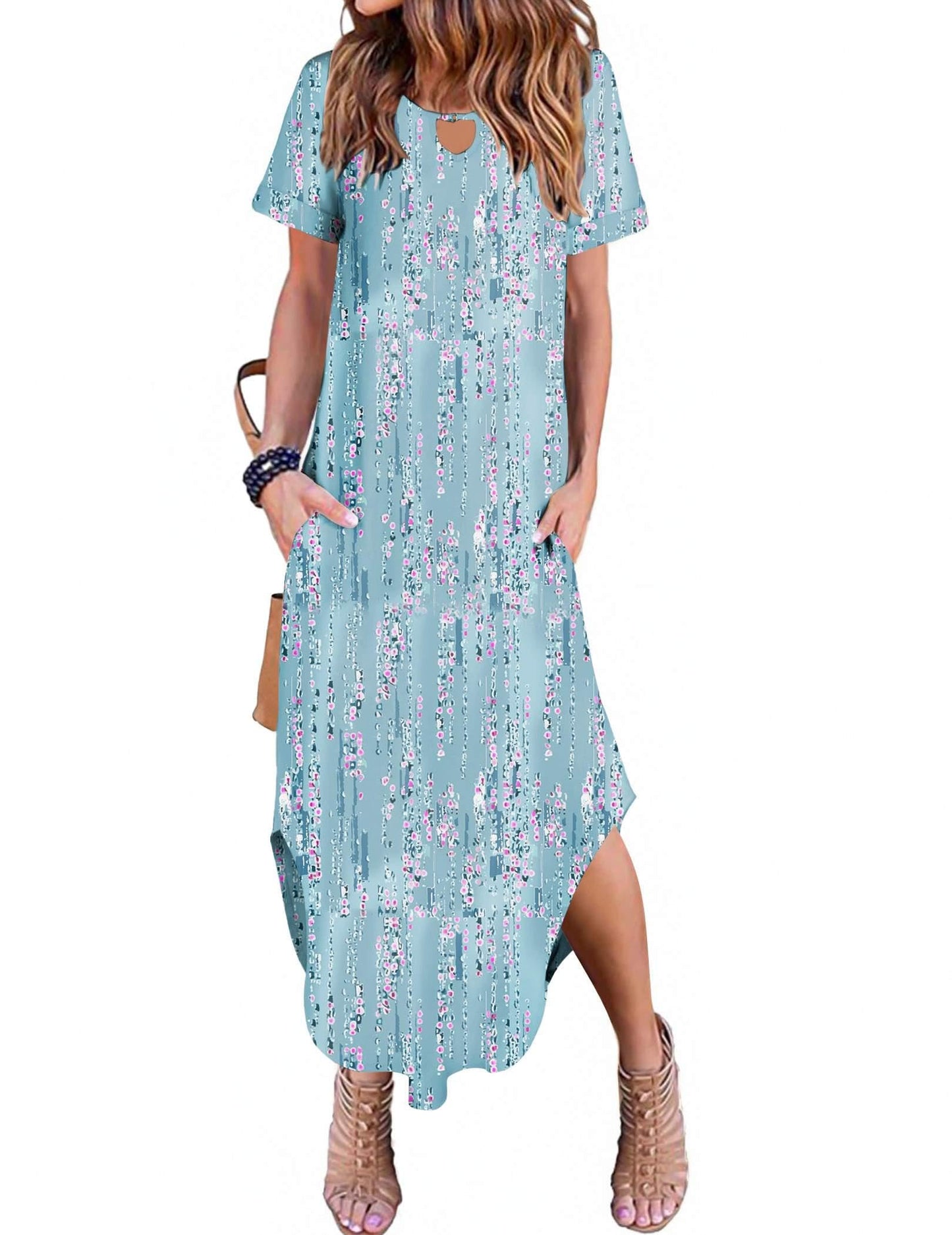 Zeagoo Womens Maxi Summer Dress with Pockets Casual Short Sleeve Sundress Trendy 2025 Curve Hem Long Dresss