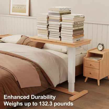 Muwuele Solid Wood Overbed Bedside Table with Wheels, Adjustable Medical Tilt Top Hospital Bed Table Over The Bed, Rolling Laptop Desk, Mobile Standing Desk for Hospital and Home Use (Natural)