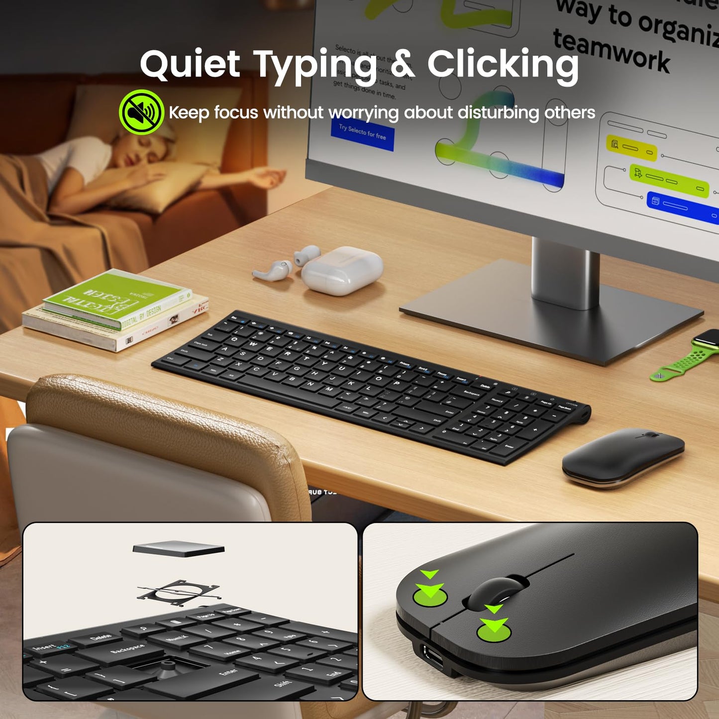seenda WGJP-031B Wireless Keyboard Mouse Set, Ultra Thin Compact Rechargeable Aluminum Silent Computer Keyboard & Mouse Combo UK QWERTY Layout for Office, Home, Business, Black