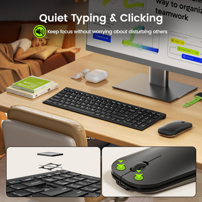 seenda WGJP-031B Wireless Keyboard Mouse Set, Ultra Thin Compact Rechargeable Aluminum Silent Computer Keyboard & Mouse Combo UK QWERTY Layout for Office, Home, Business, Black