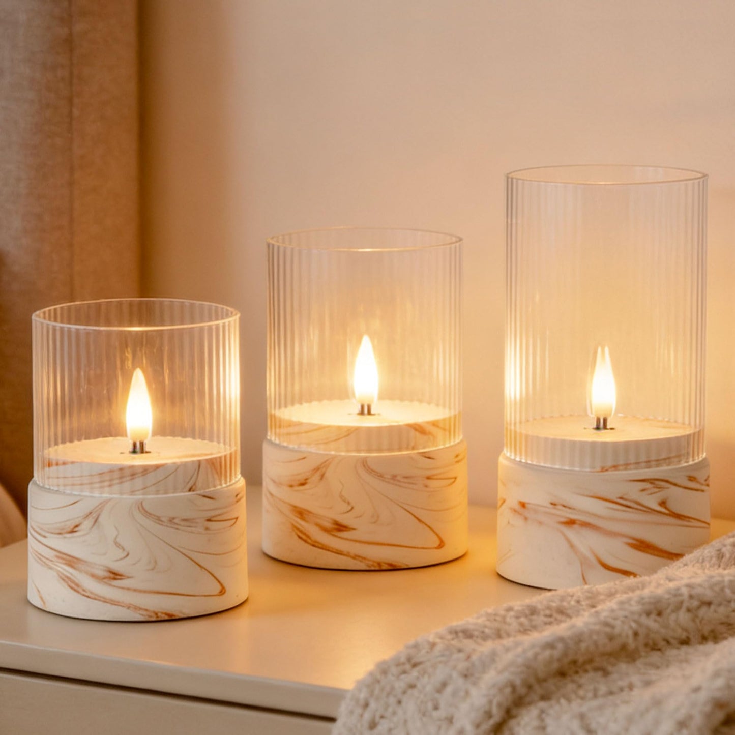 Fanna 3 Flameless LED Candles with Timer Function in Marble Texture, Battery Operated Glass Candles for Home Decor and Table Centerpieces, Cream and Burnt Orange Design - H 4" / 5" / 6"
