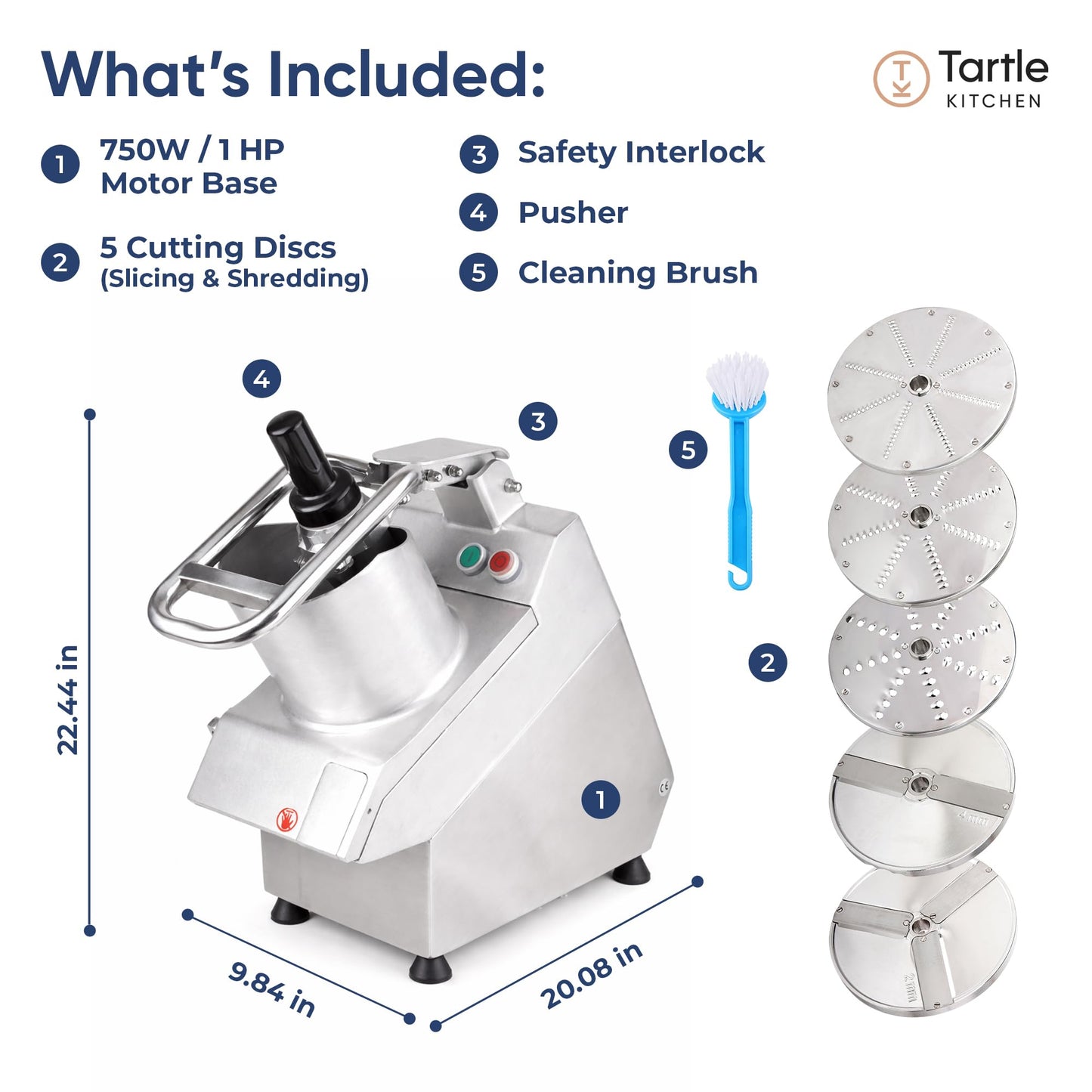 Tartle Kitchen 750W Electric Vegetable Chopper - Commercial Food Processor with Continuous Feed, Dual Feed Openings, 5 Discs for Slicing, Shredding, & Grating - Restaurant-Grade, NSF & ETL Certified