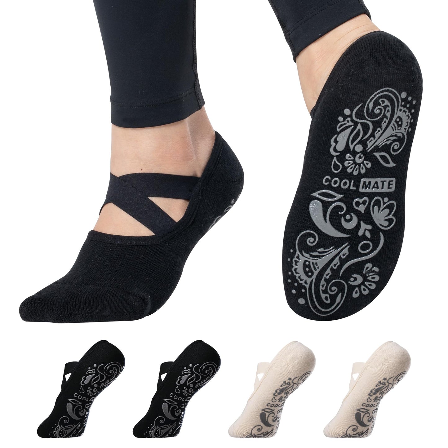 CoolMate Pilates Socks with Grips for Women, Yoga Socks, Crew Non Slip Women for Workout, Barre, Pilates Gifts
