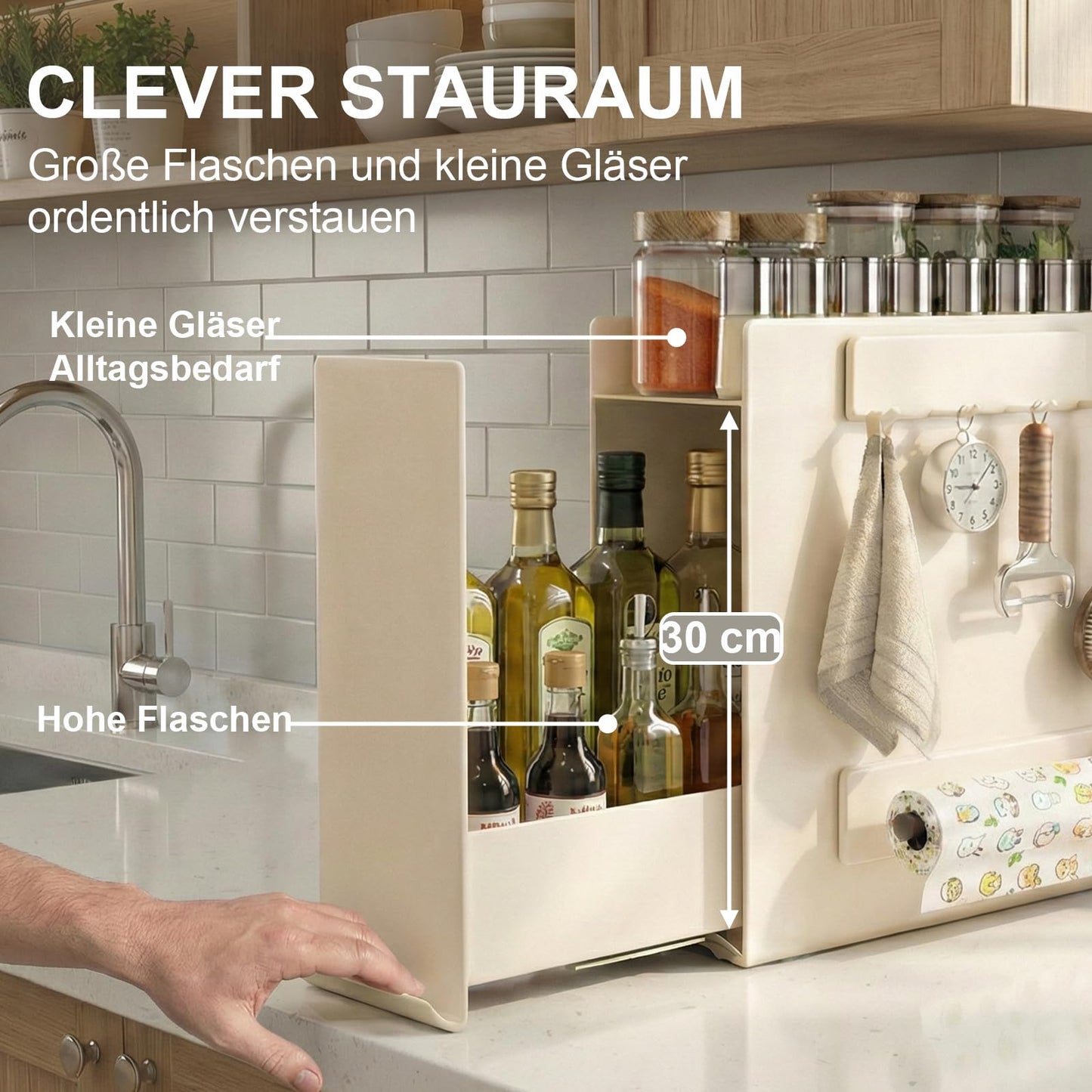 Sharkwave Living 2 Tier No Assembly Pull Out Spice Rack Countertop, Sliding Drawer for Tall Bottles, with Magnetic Panels with Paper Towel Holder and 4 Hooks
