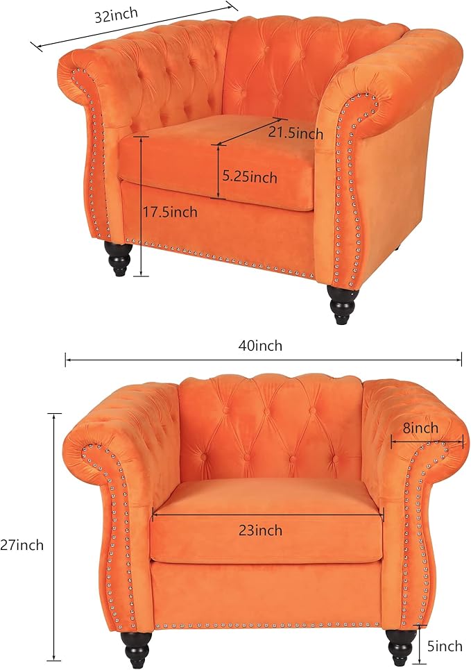 ORRD 2 Piece Living Room Set, Velvet Chesterfield Sofa Couch Chair