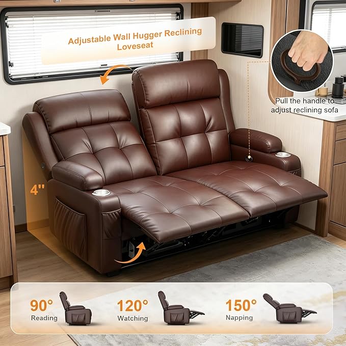 Reclining Loveseat, 55.1" RV PU Leather Wall Hugger Recliner Love Seats Sofa